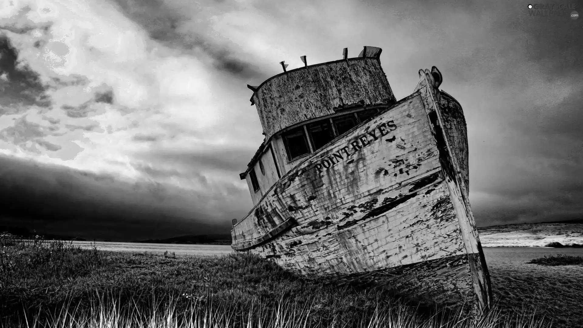 wreck, coast, clouds, ship