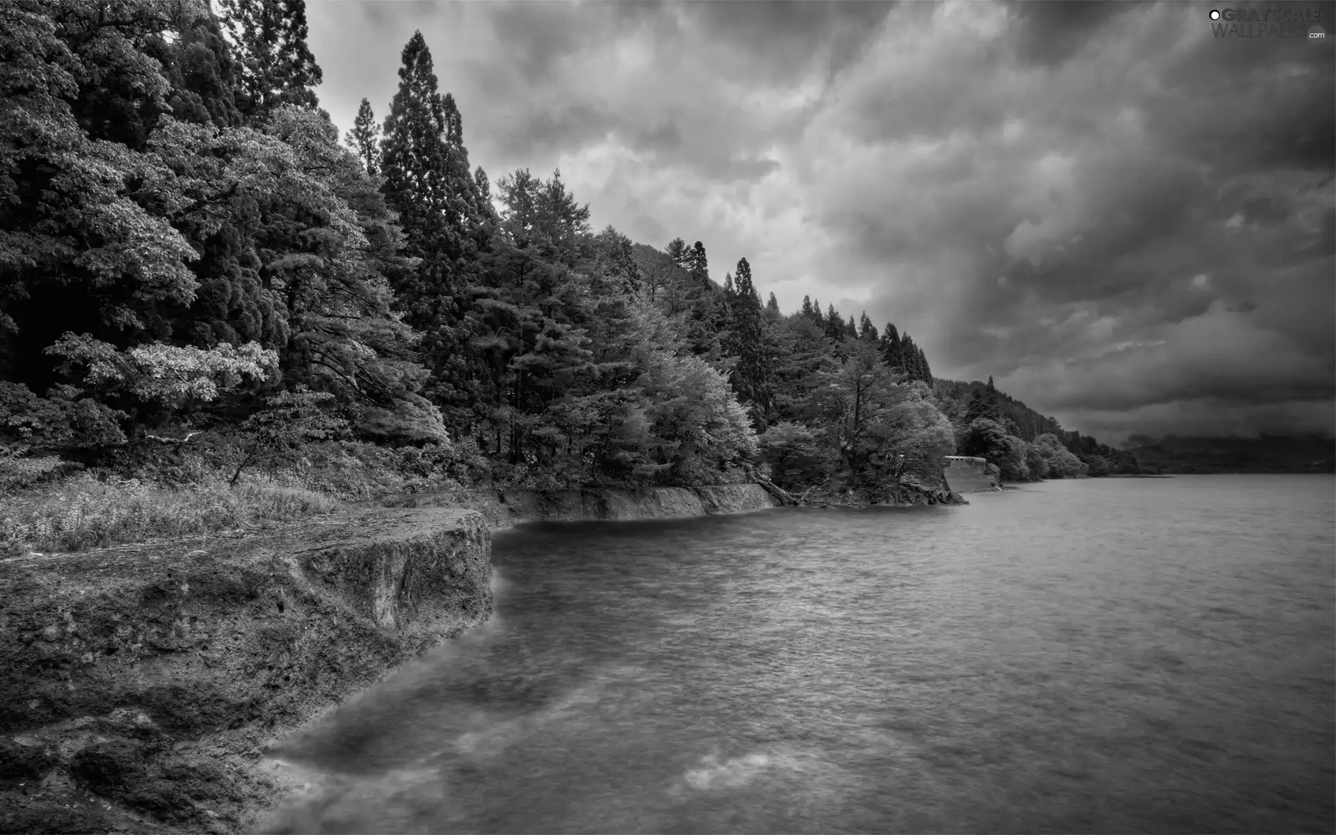 viewes, lake, cloudy, Sky, rocks, trees