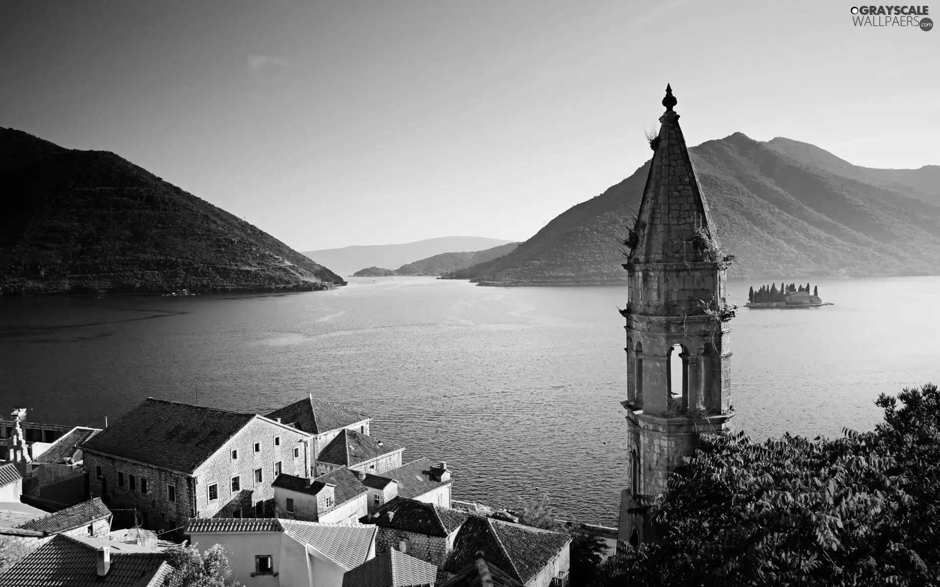 Coast, Islands, buildings, tower, sea