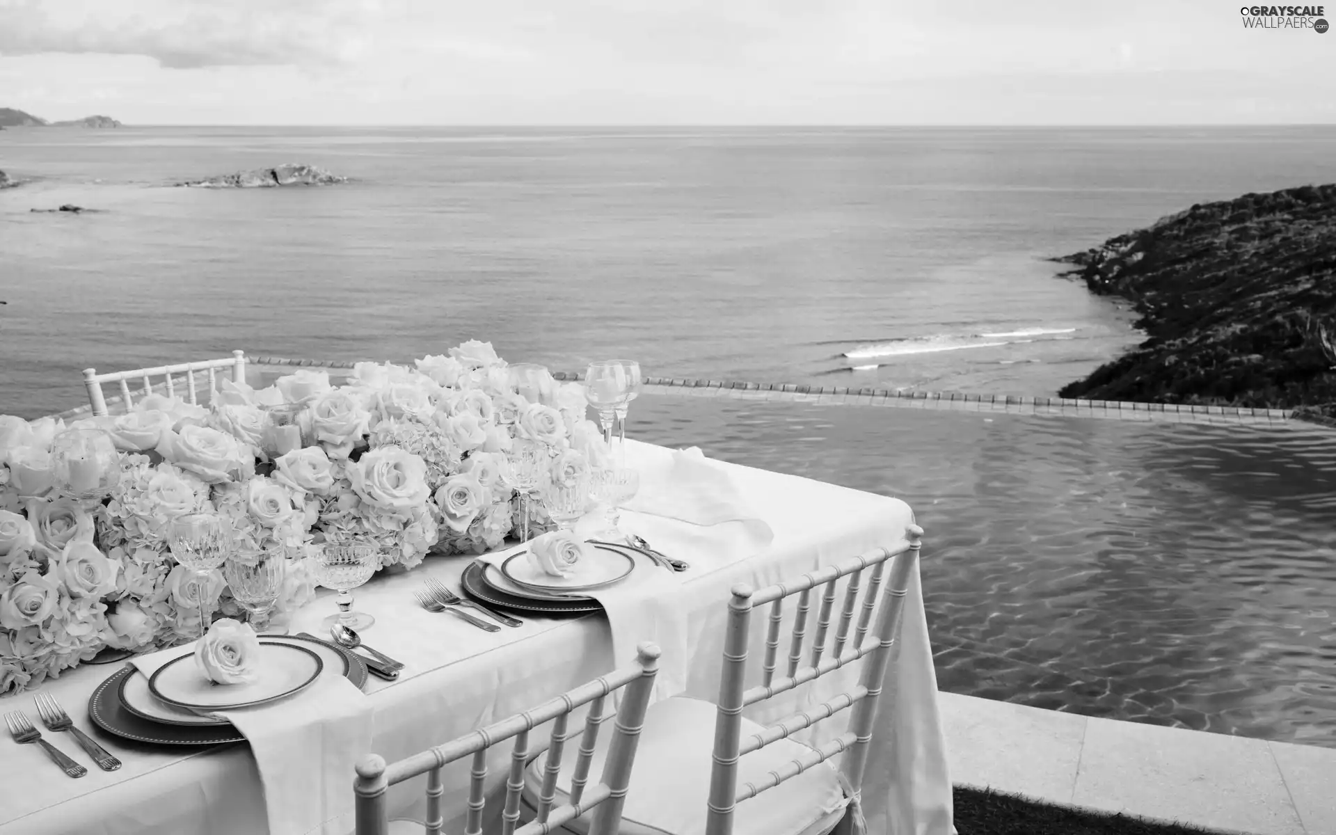 Coast, rocks, Pool, roses, Hotel hall