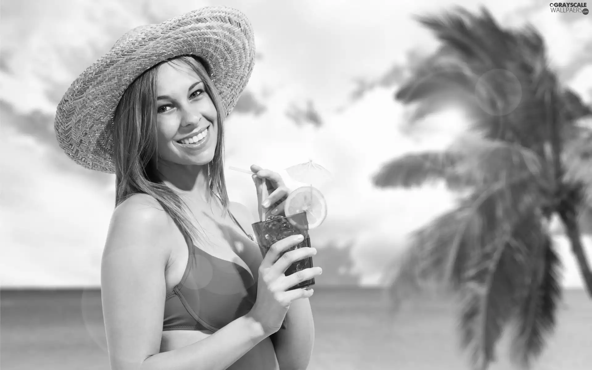 Beaches, smiling, cocktail, Hat, Palms, Women