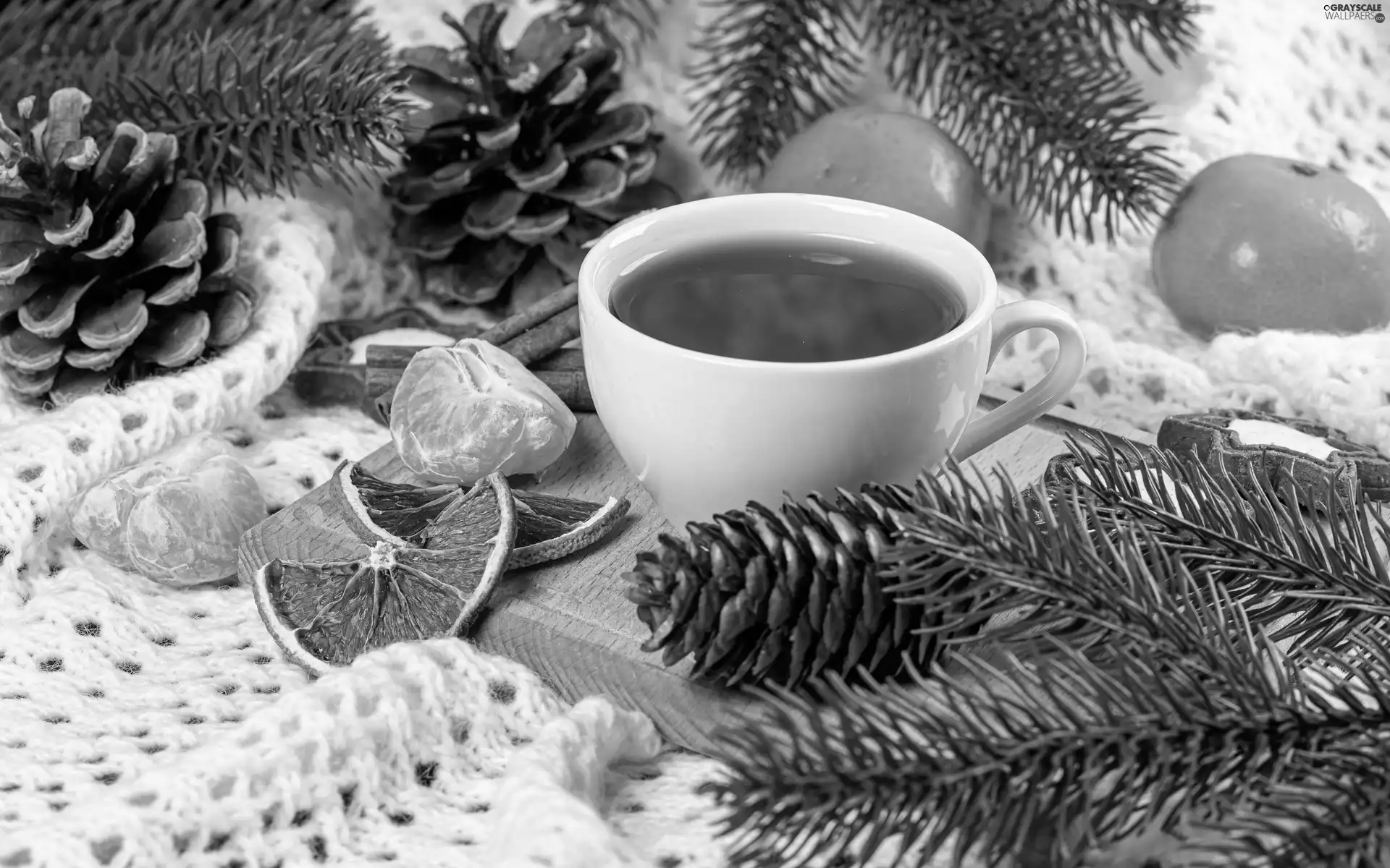branch pics, mandarin, coffee, cones, cup
