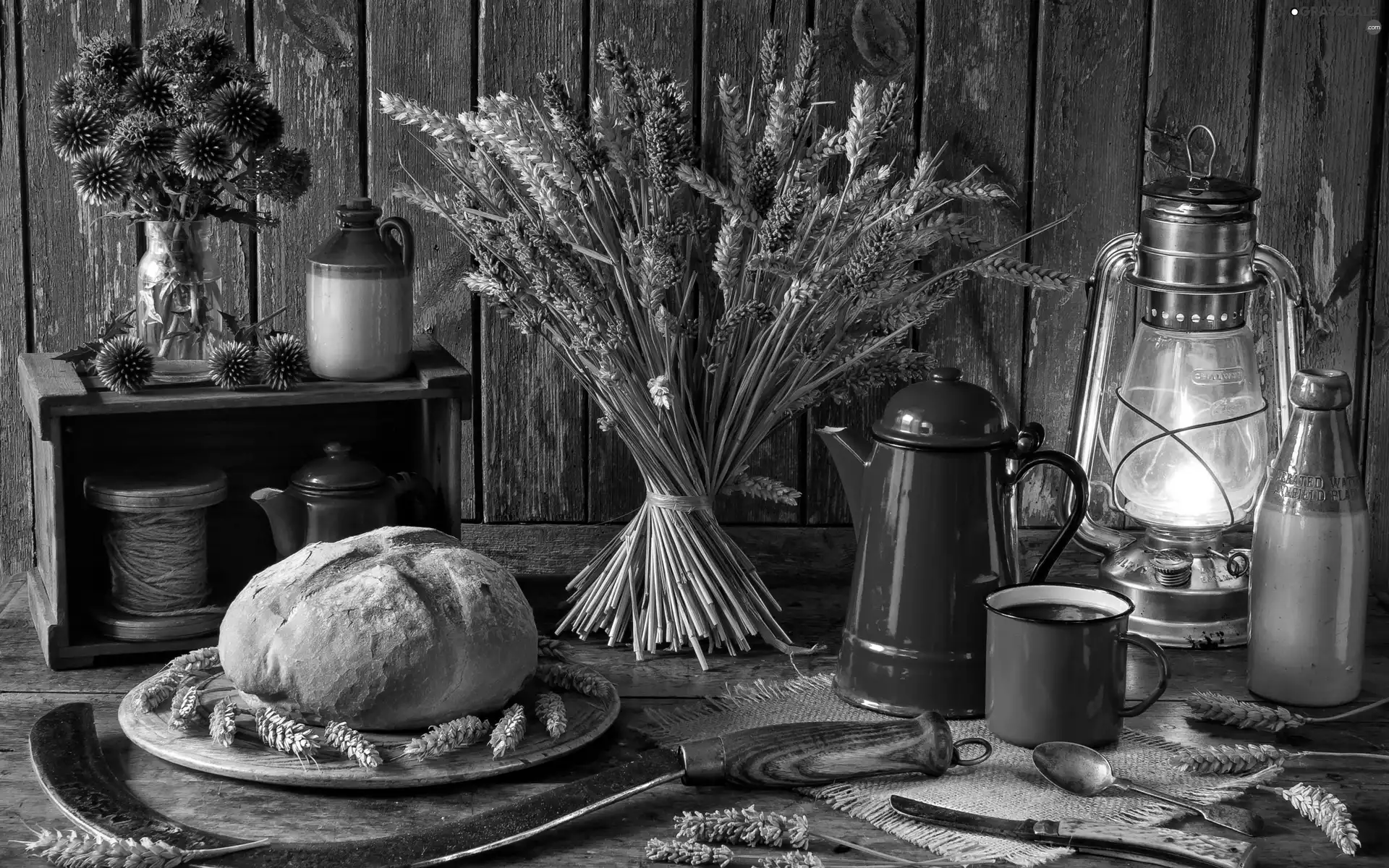 sickle, bread, oil, jug, Lamp, Ears, corn, coffee
