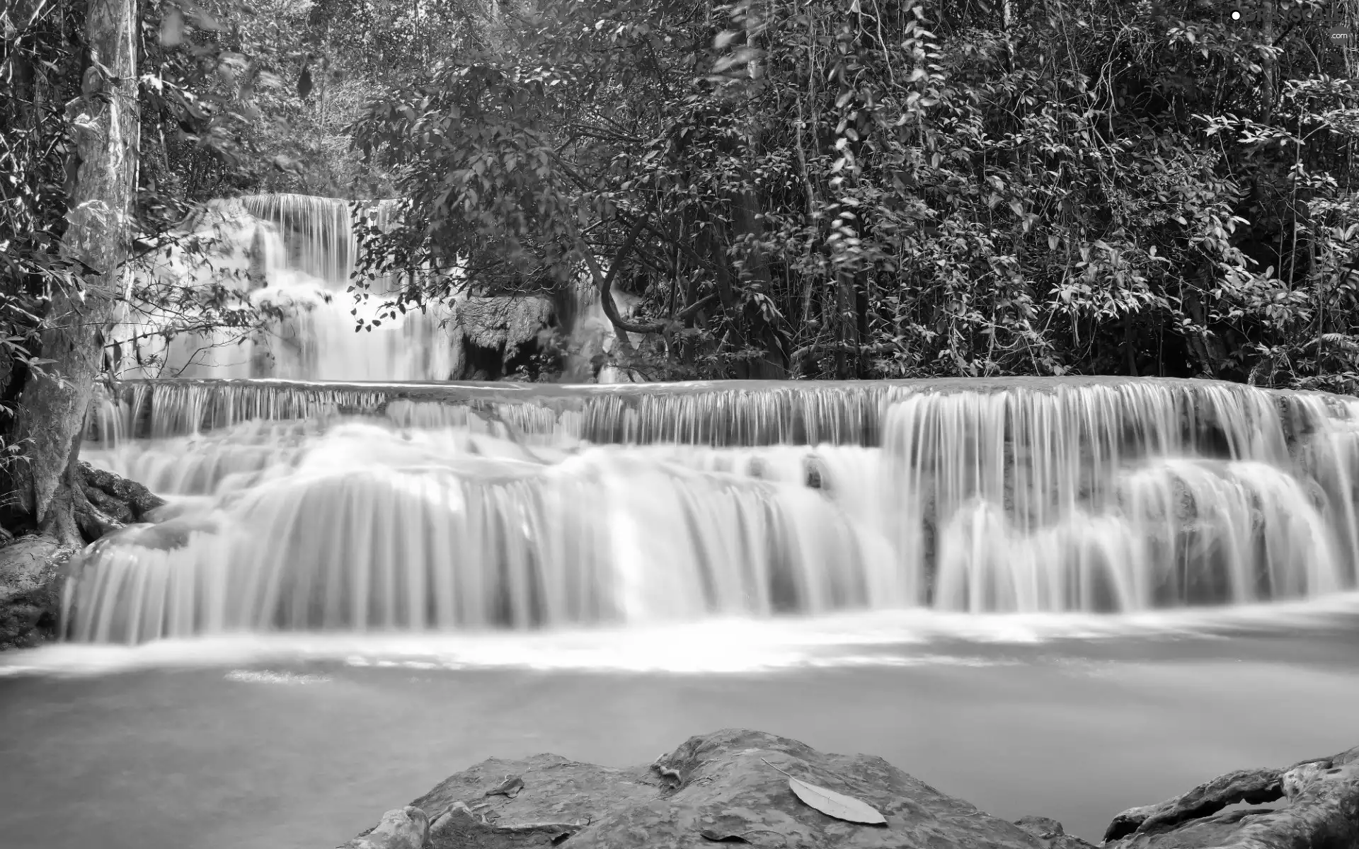 viewes, rocks, Leaf, trees, waterfall, color, autumn