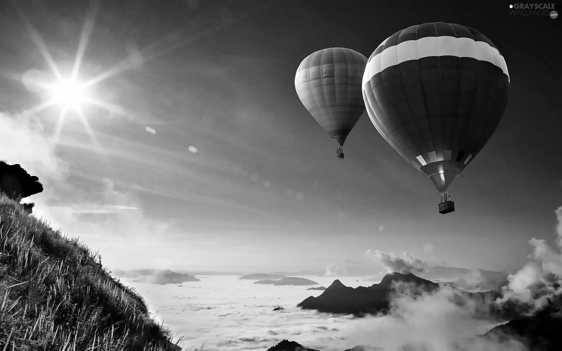 rays, Mountains, color, Balloons, sun, clouds