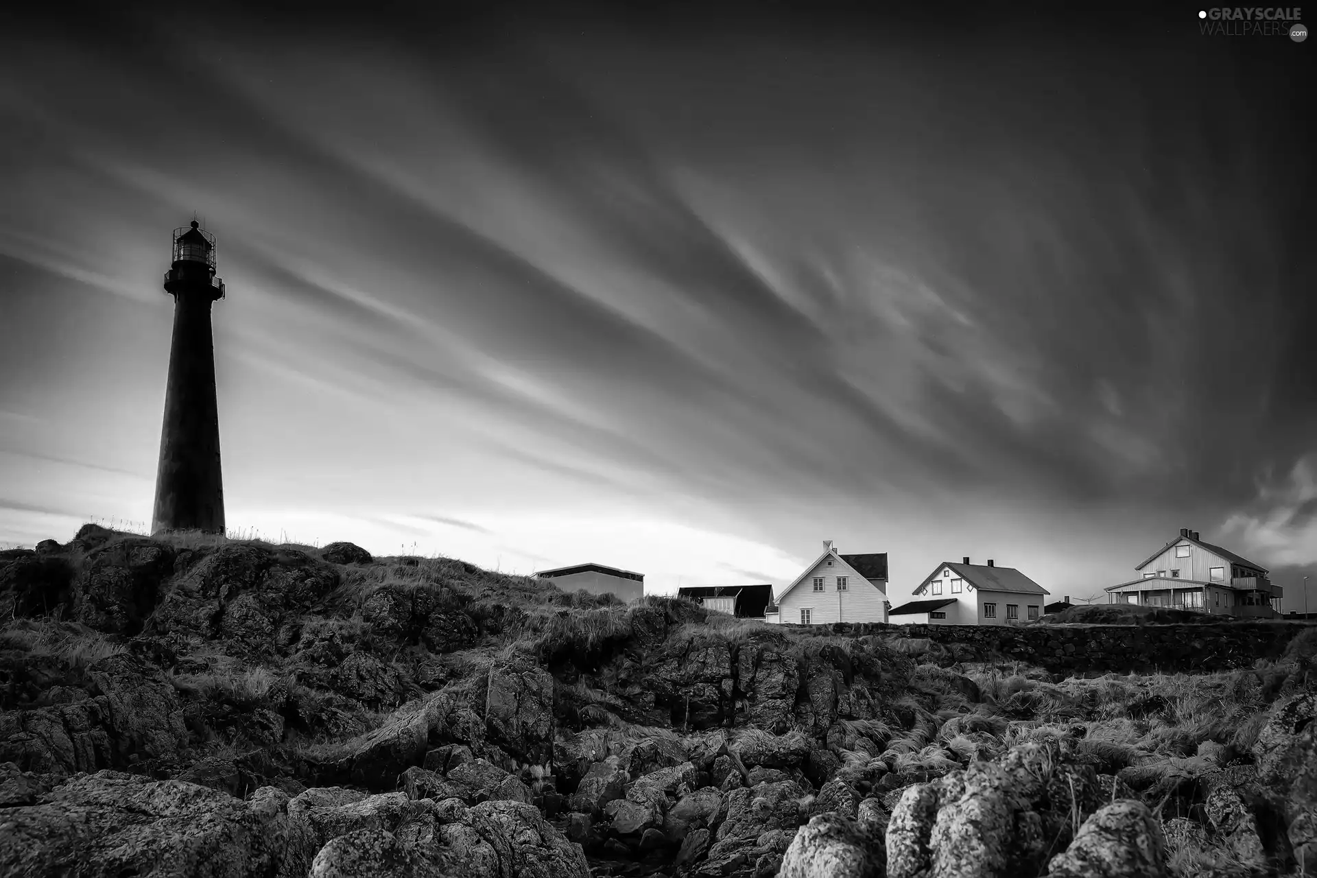 Houses, Lighthouse, color, Sky, rocks, maritime