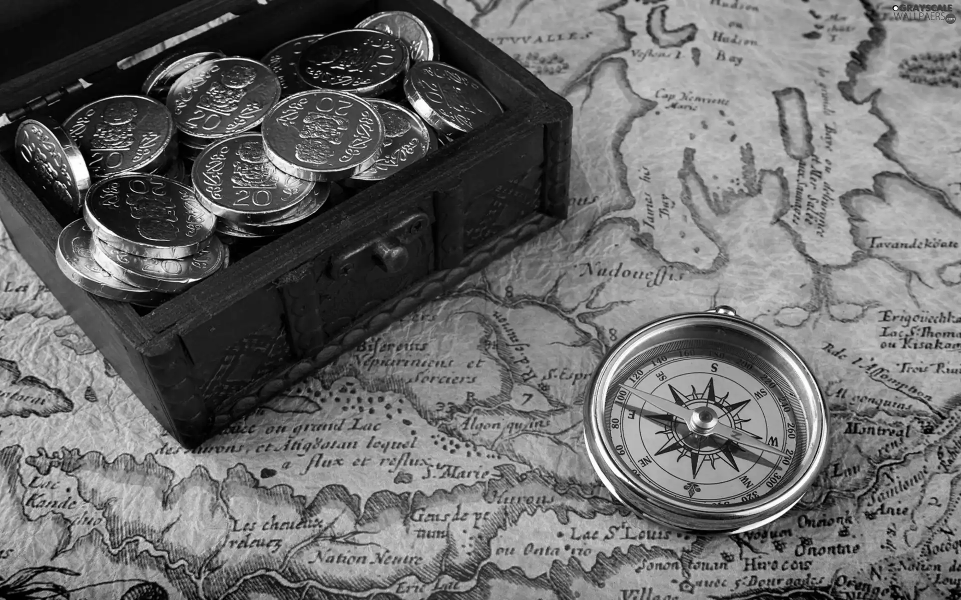Box, coins, compass, Map