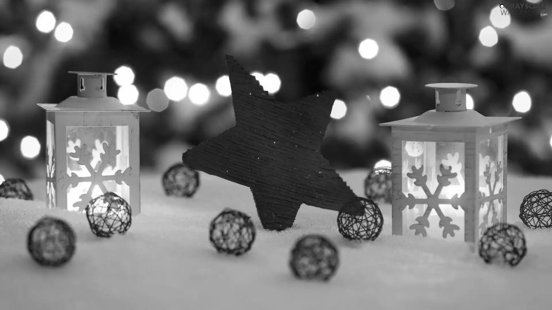 Stars, Lanterns, composition, Christmas, snow, baubles