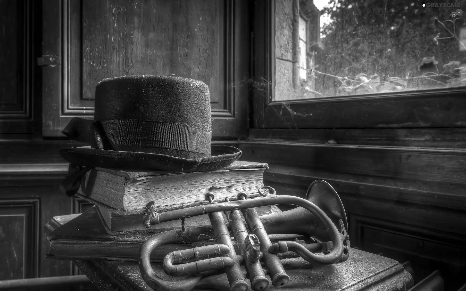 Books, Hat, composition, trumpet