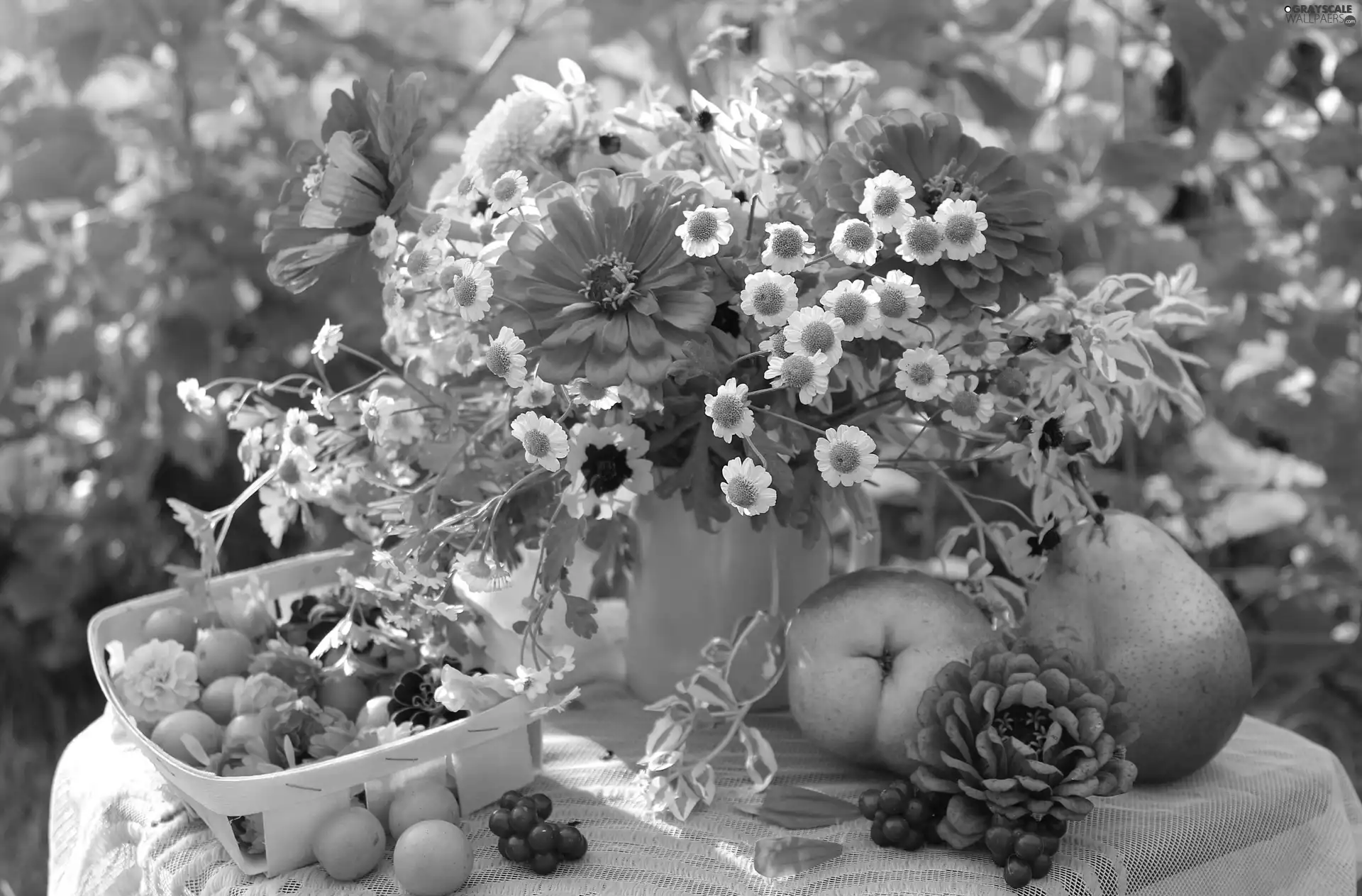 Flowers, plums, composition, truck concrete mixer