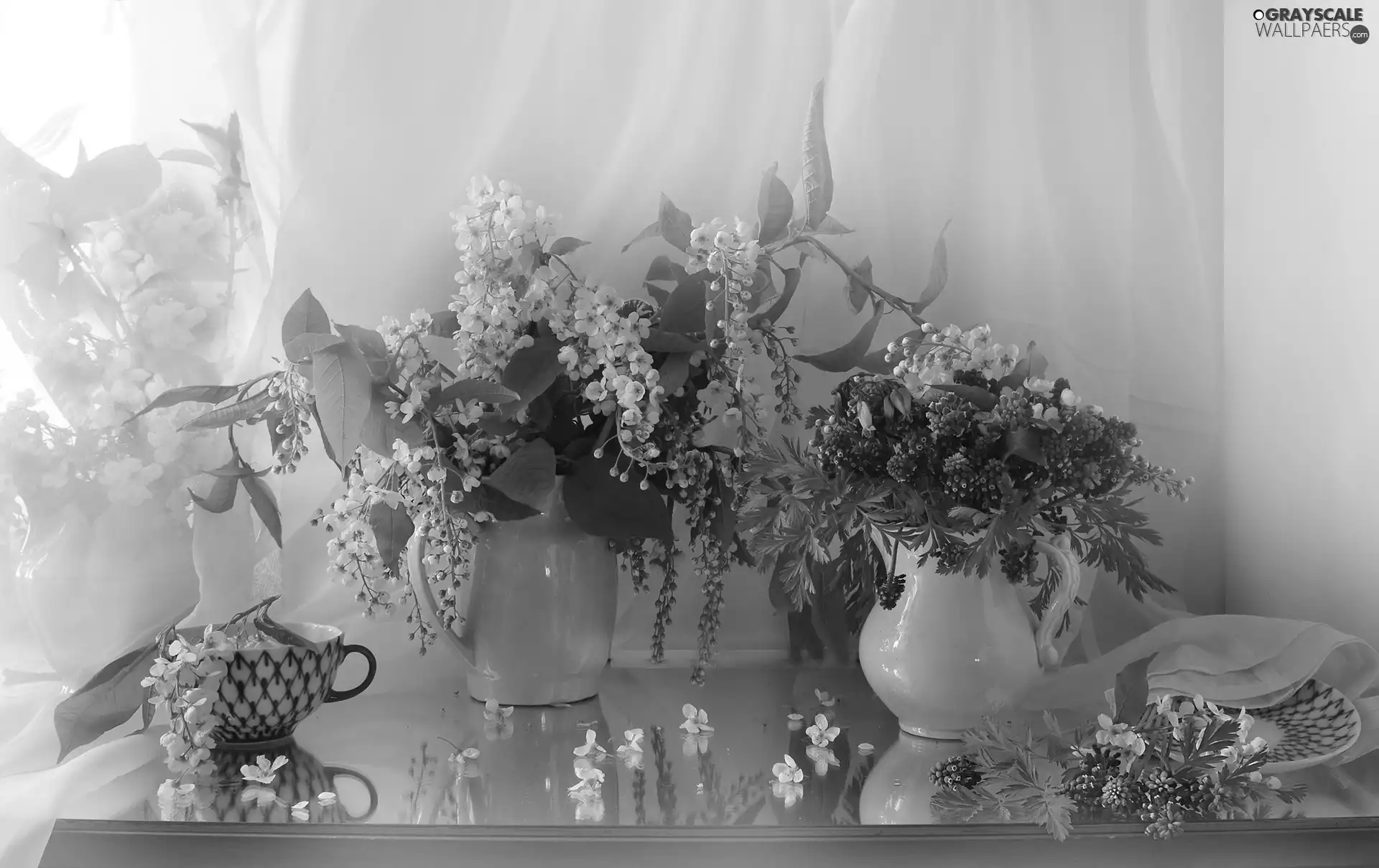 Muscari, bouquet, cup, Bird Cherry, Flowers, jug, composition
