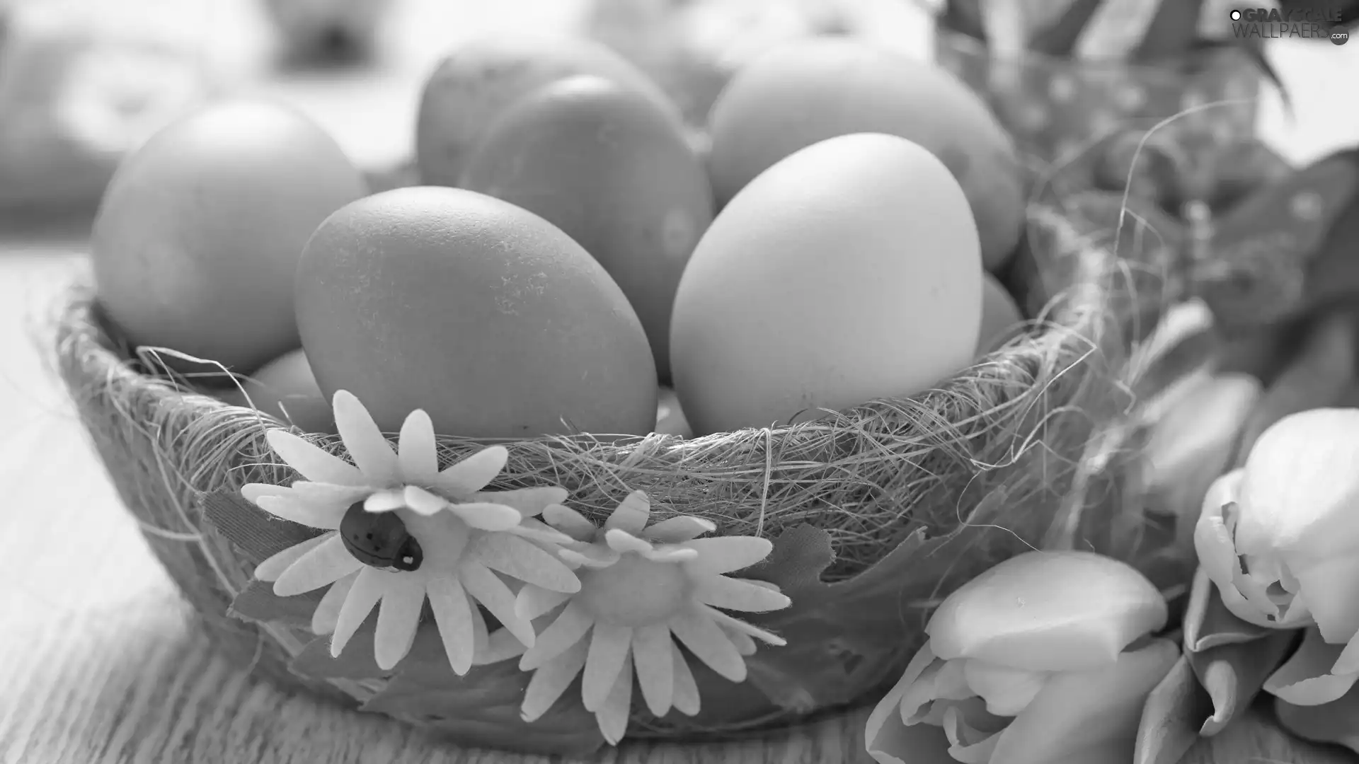 Tulips, basket, composition, Easter, ladybird, eggs