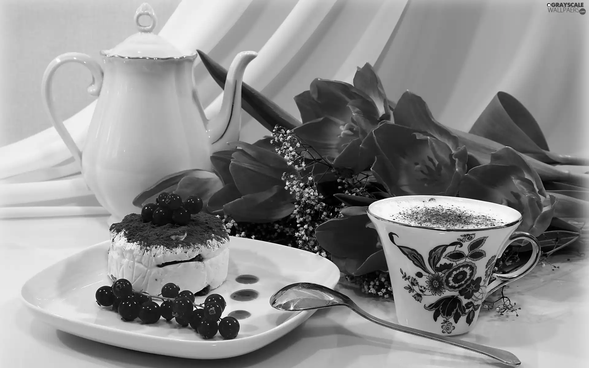 Tulips, cake, composition, coffee