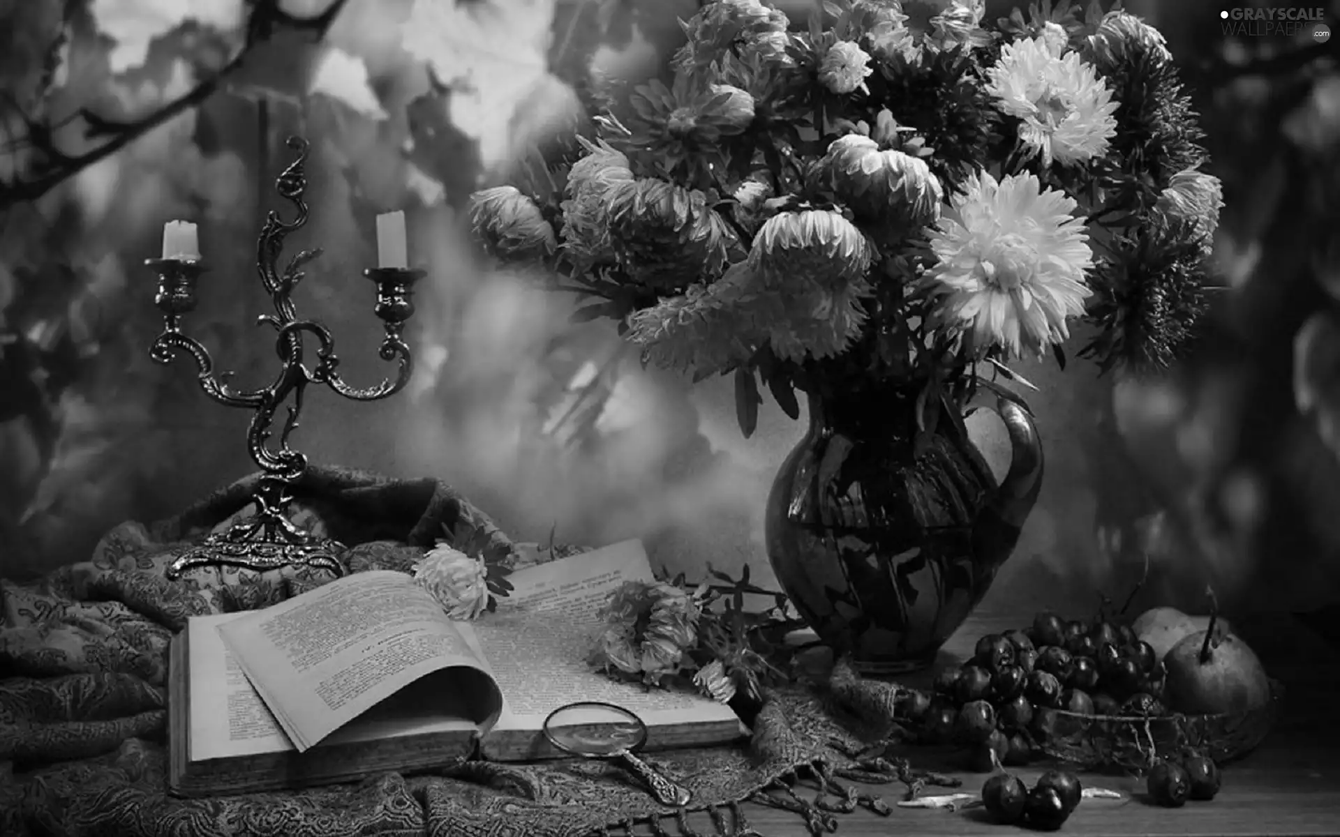 bouquet, composition, Astra, Vase, Truck concrete mixer, candlestick, magnifying glass, Grapes, Book