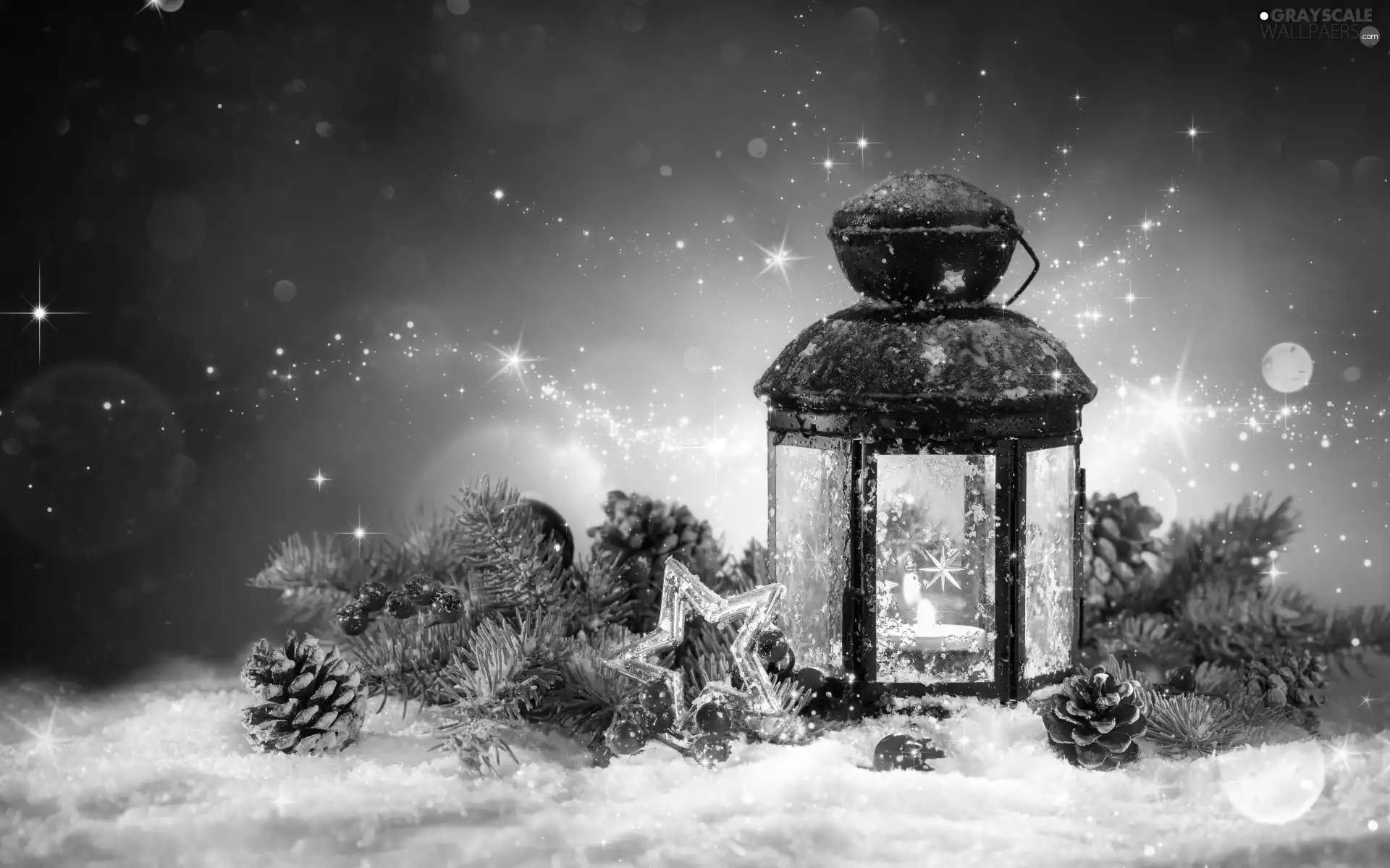 snow, composition, Twigs, lantern, Christmas, cones, candle