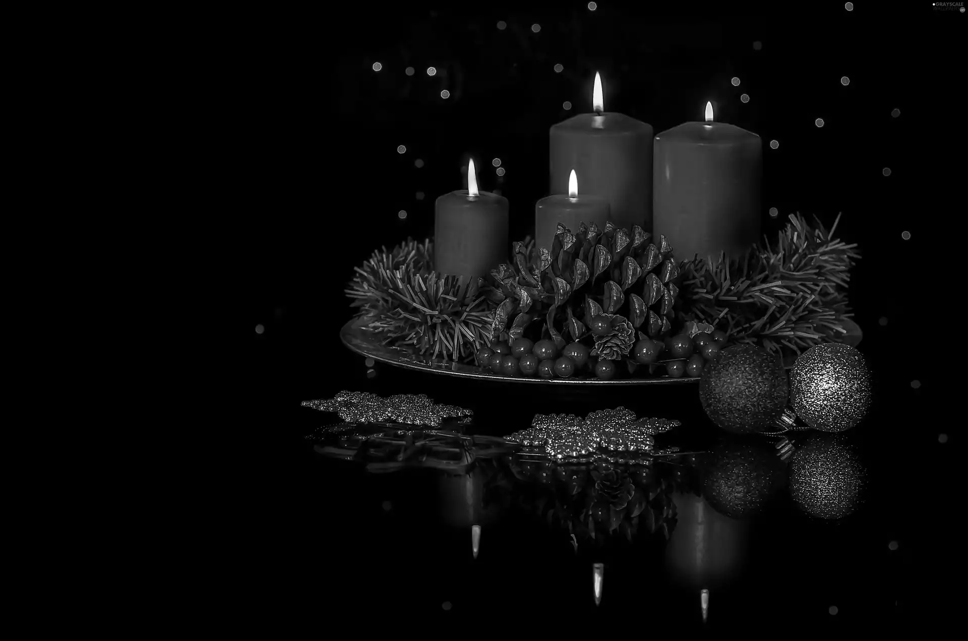 candles, decoration, cones, headdress, baubles, Red