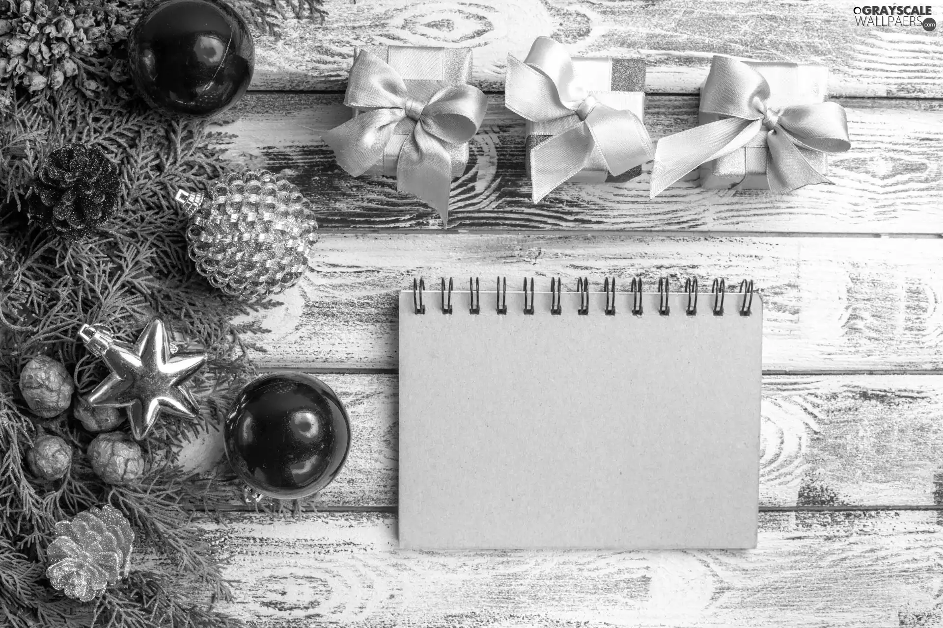 gifts, note-book, cones, baubles, Twigs