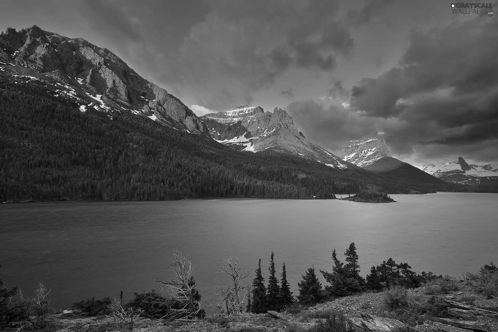 Mountains, cloudy, coniferous, lake, forest, Sky