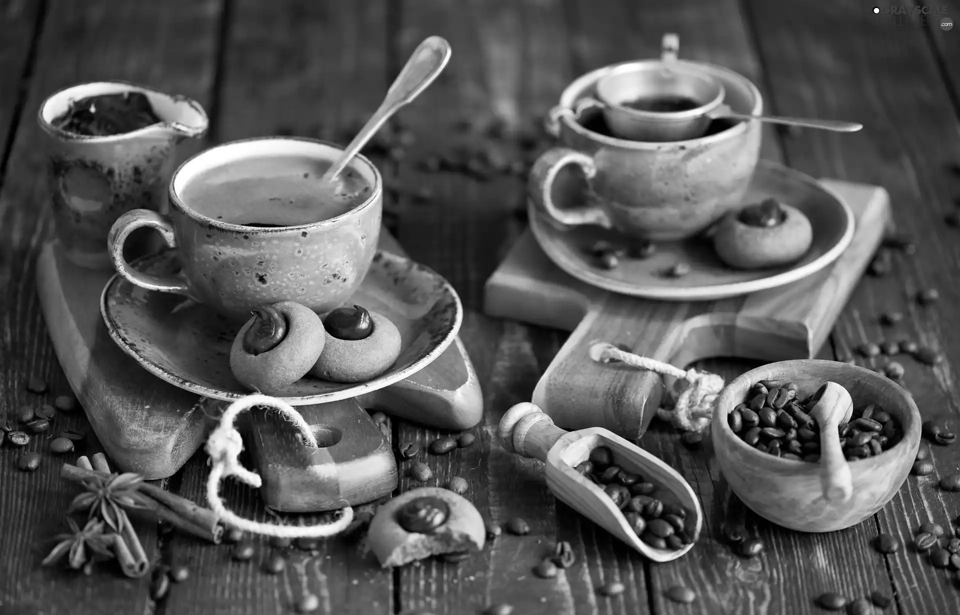 grains, cups, cookies, coffee