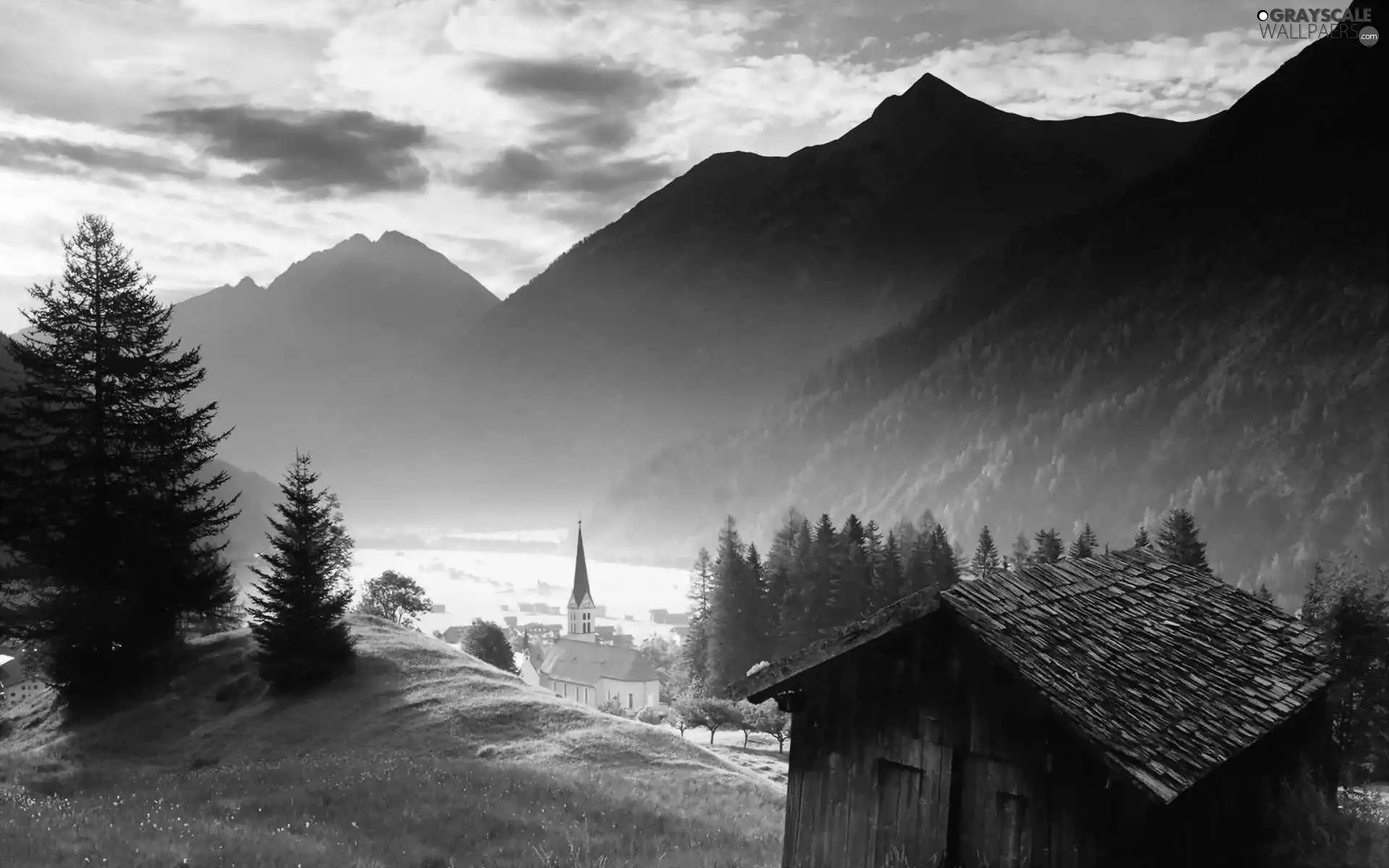 cottage, Church, medows, woods, Mountains