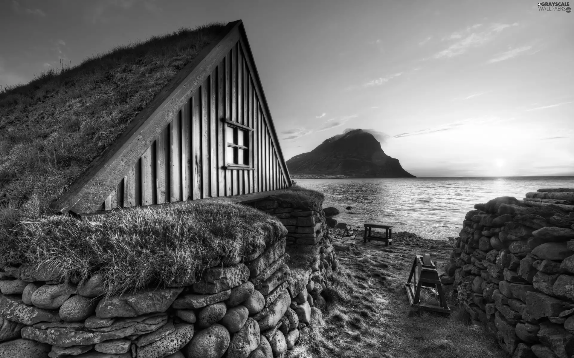 mountains, Stones, cottage, sea