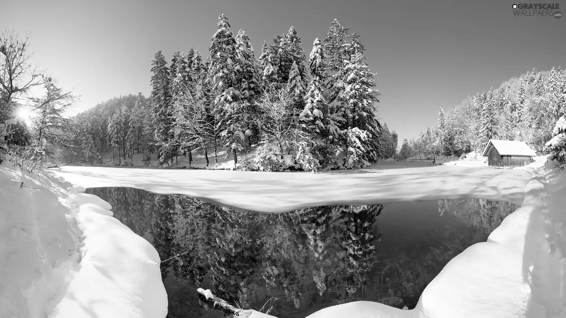 viewes, winter, Wooden, cottage, River, trees