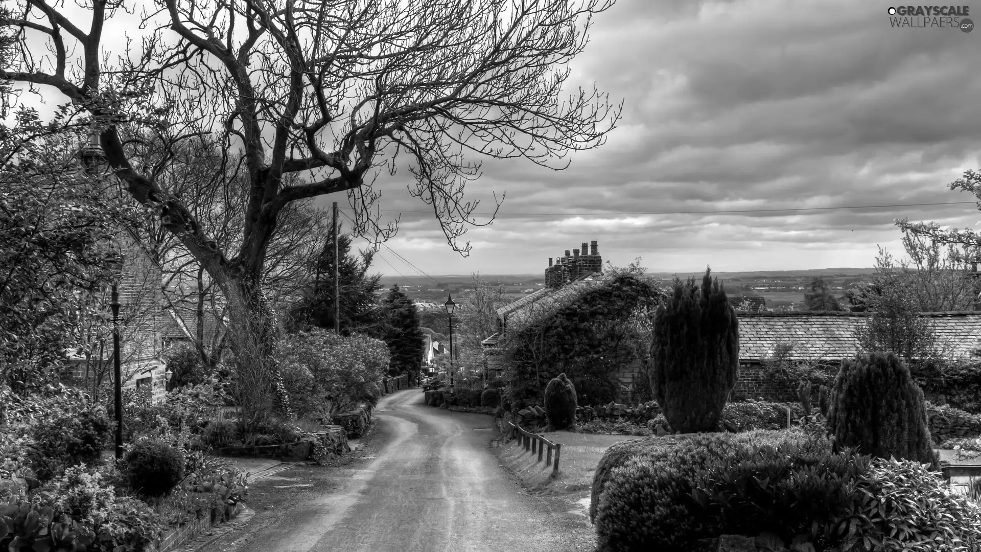 country, England, clouds, Houses, Way