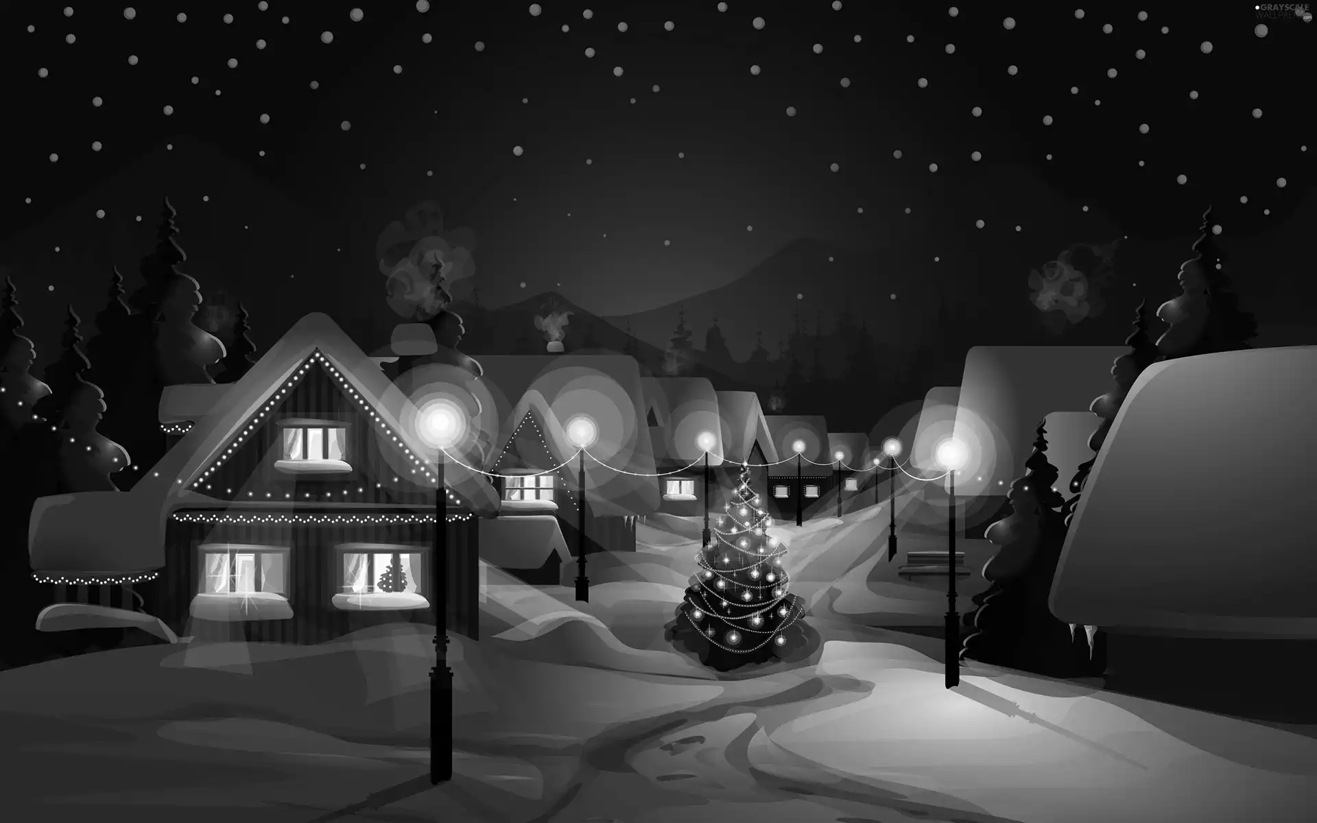 country, snow, Night, christmas tree, Street, graphics, Christmas, lanterns