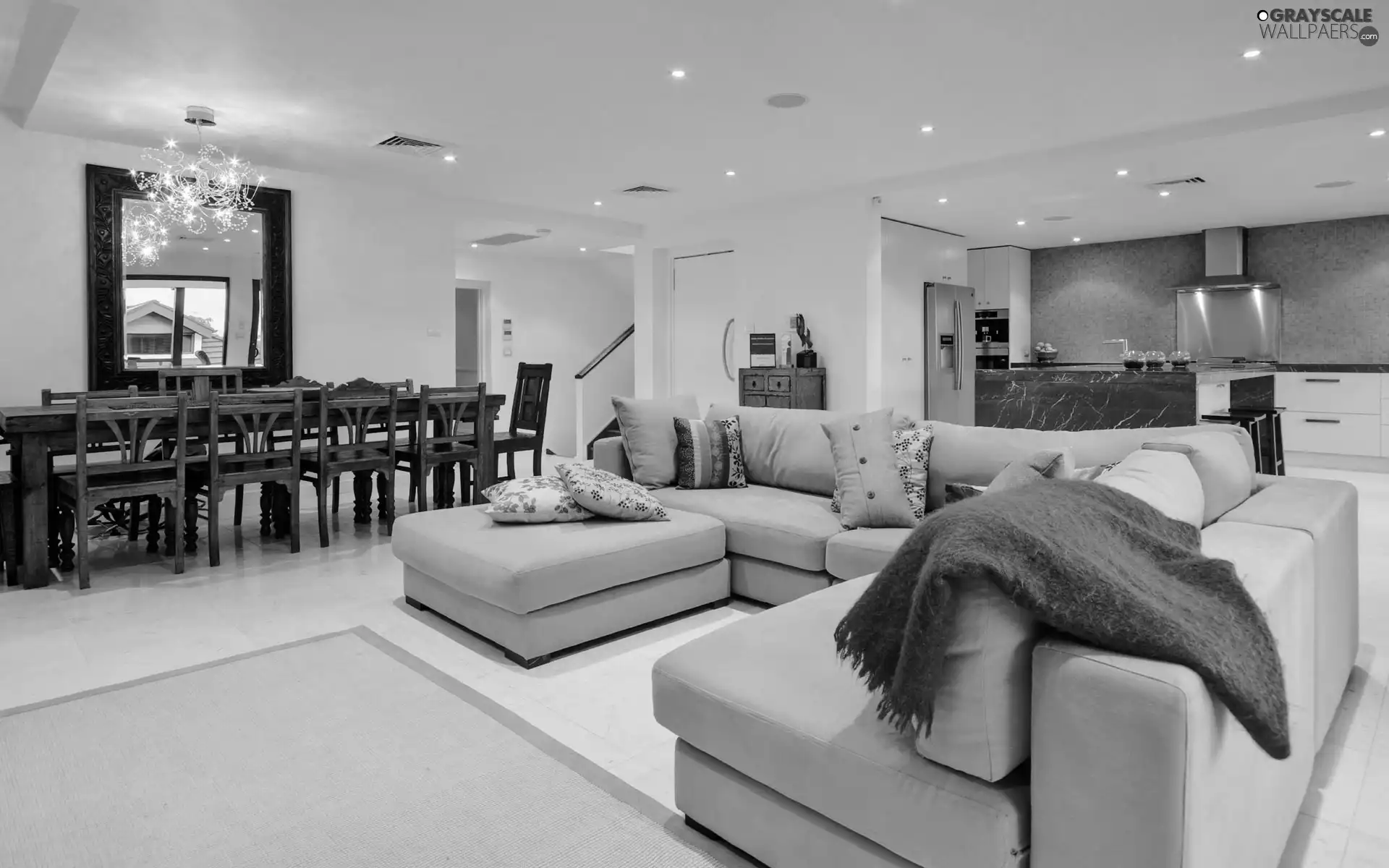 cornea, Table, coverlet, pillows, Mirror, Stool