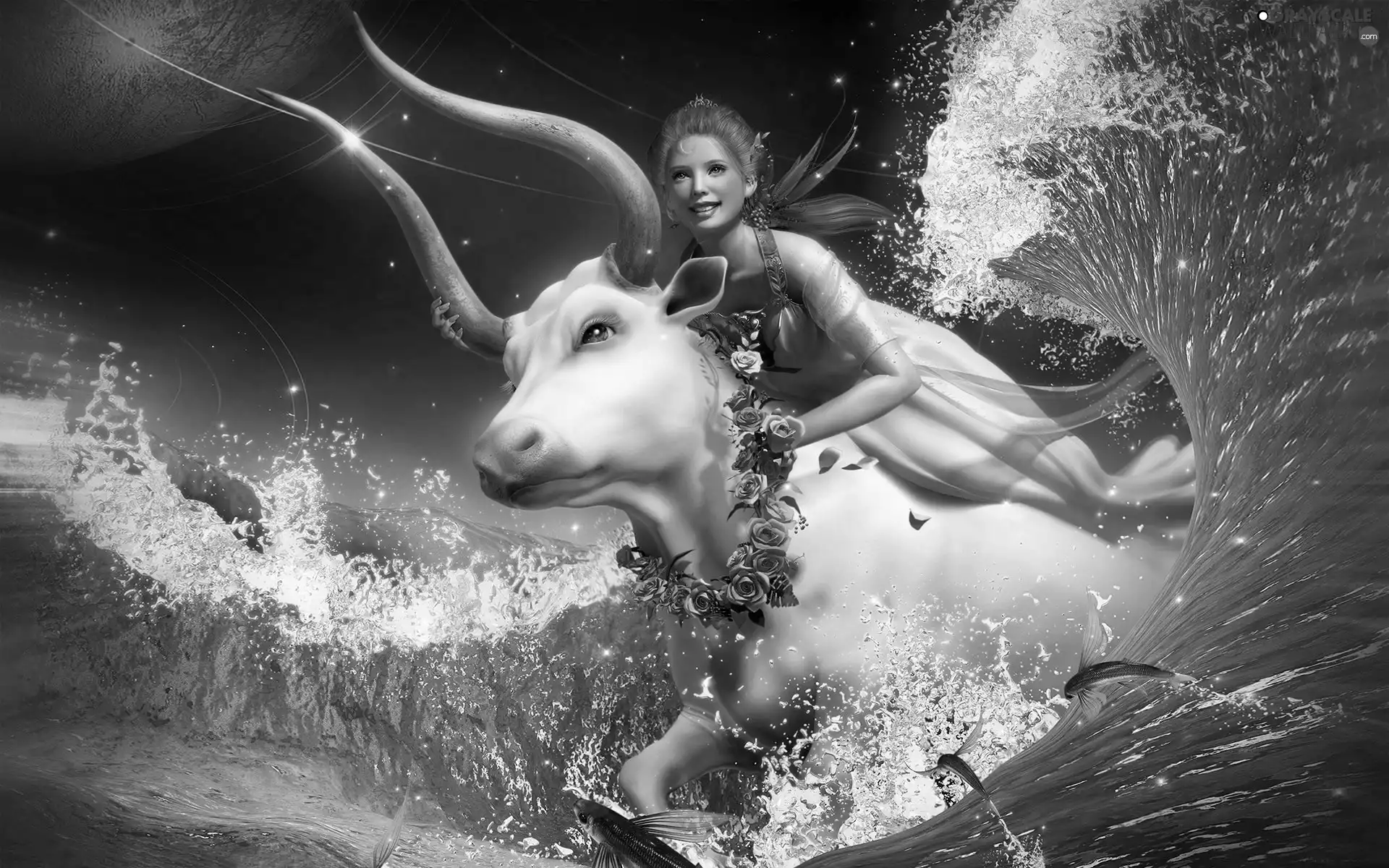 Cow, wreath, Women, Waves, fantasy