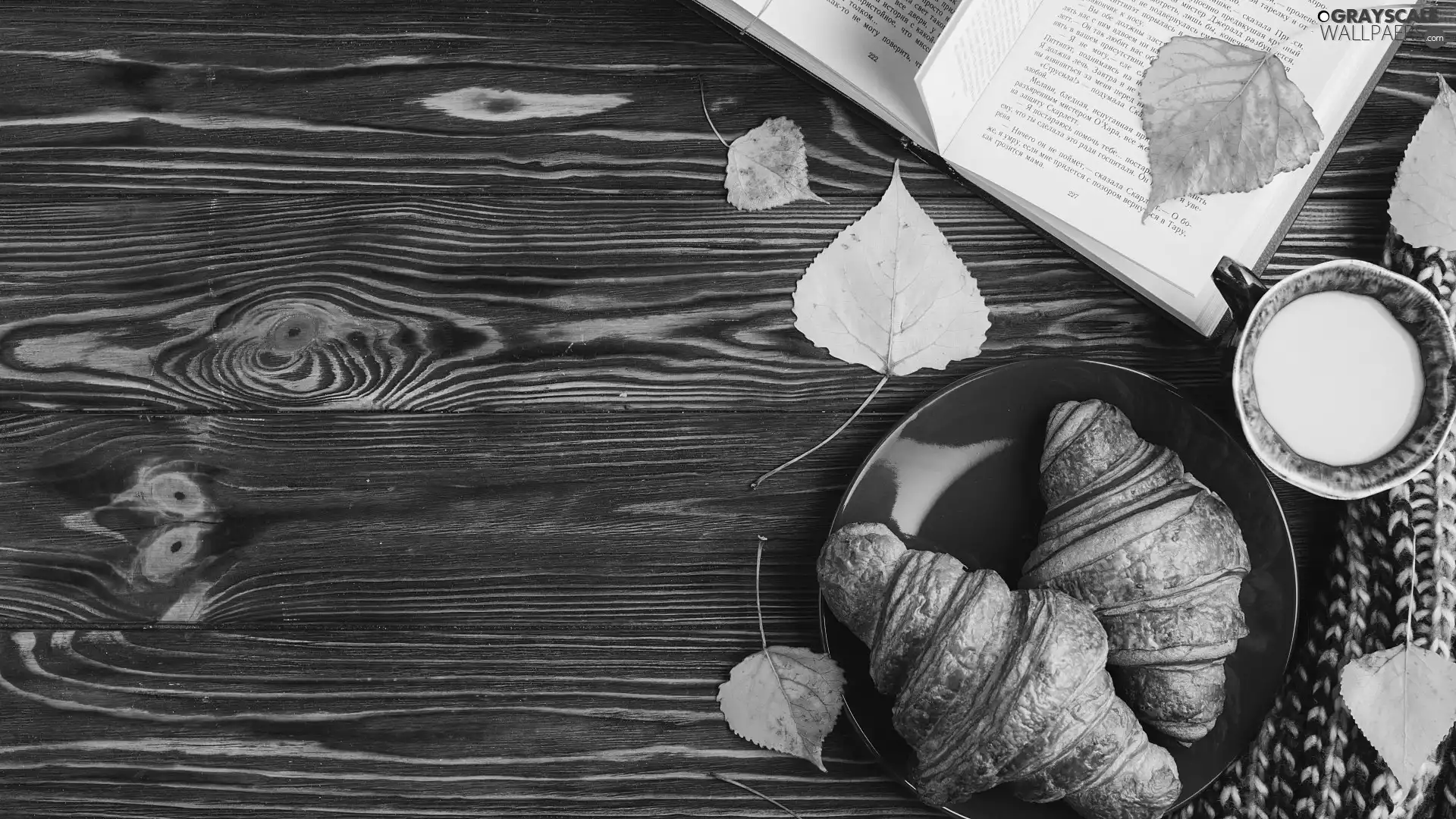 Croissants, croissants, Cup, milk, Book, boarding, Scarf, Leaf, plate