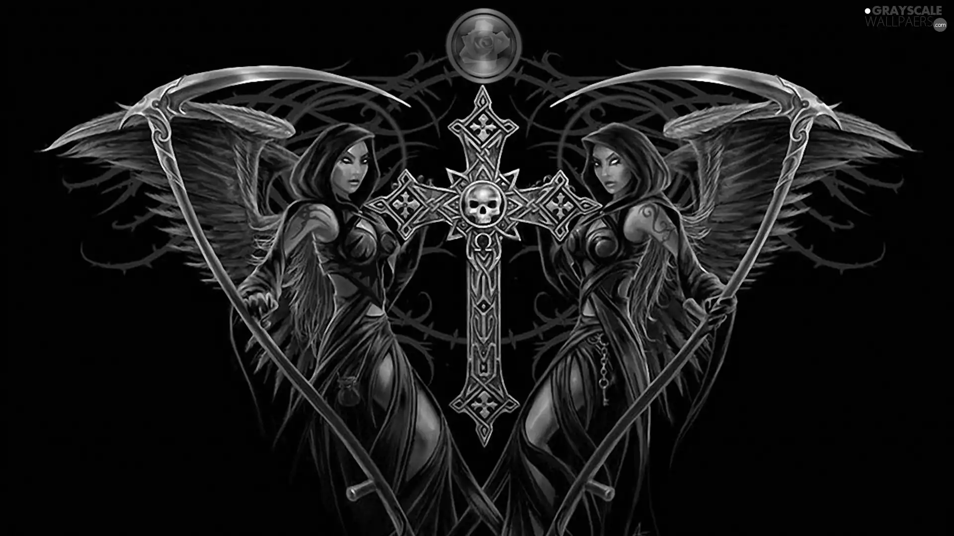 Two cars, angels, Cross, Black