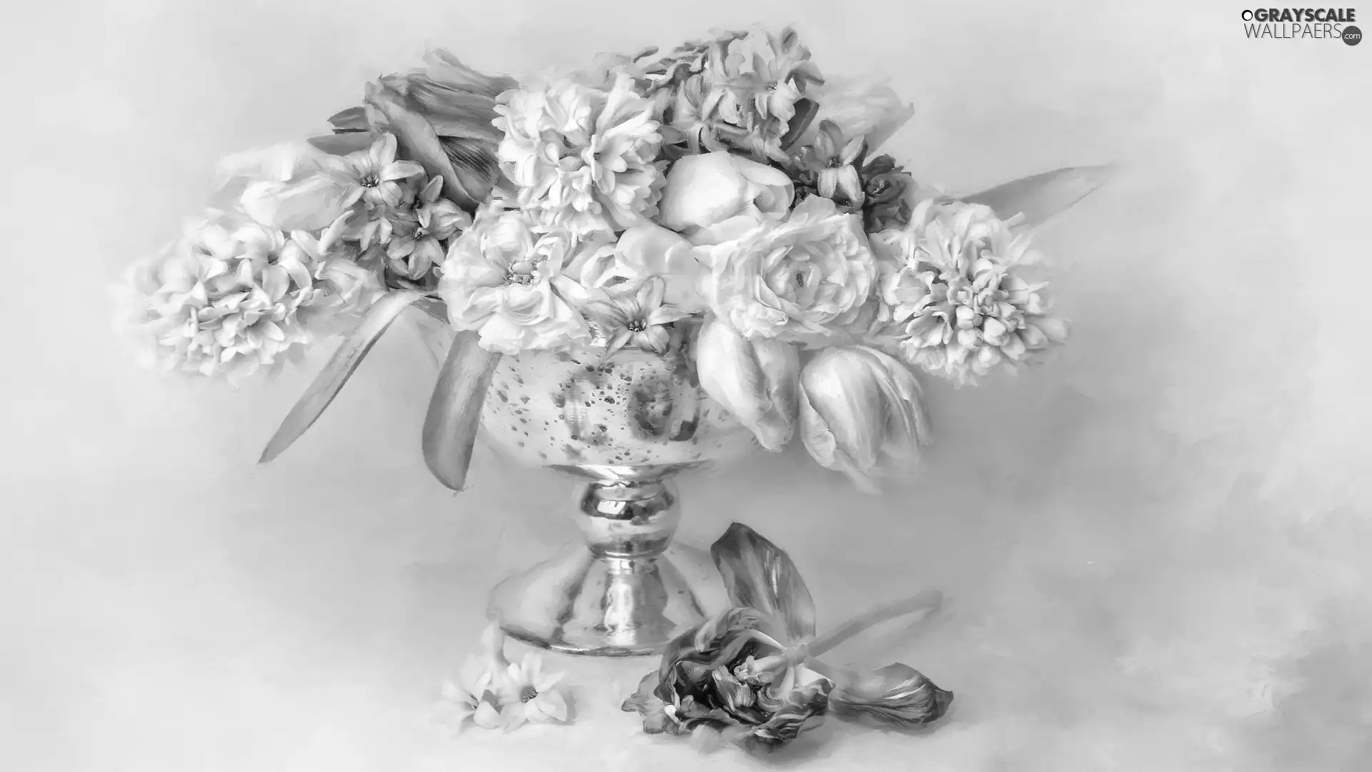 Hyacinths, Flowers, Vase, cup, Tulips, bouquet