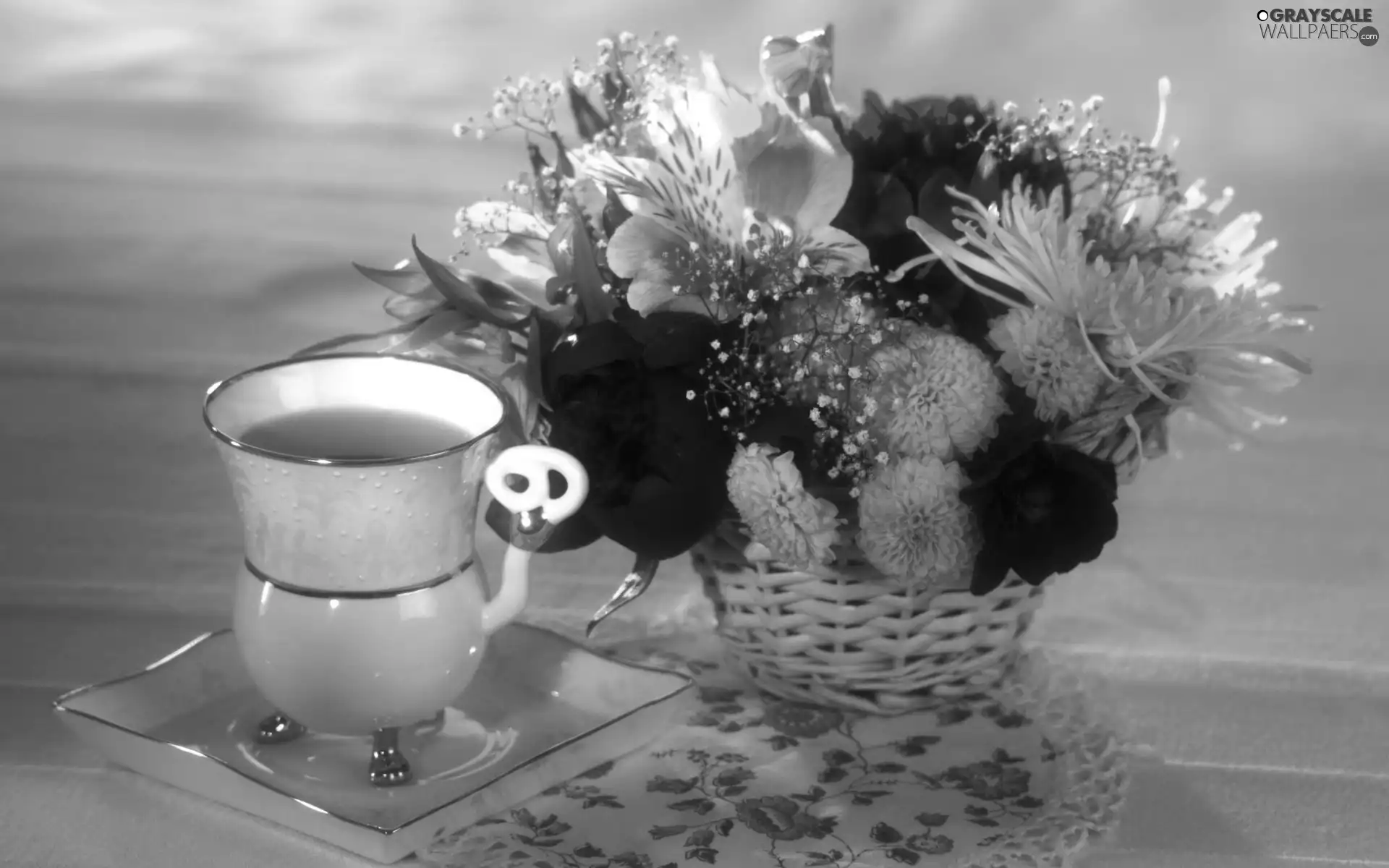 composition, basket, cup, Flowers