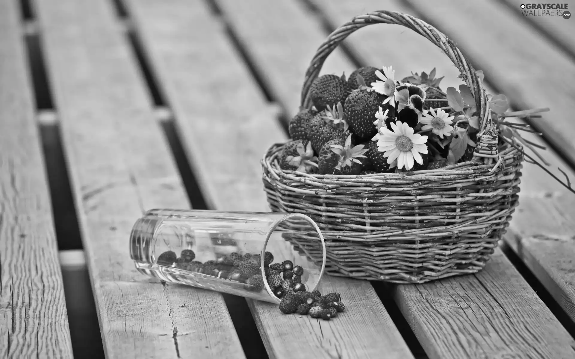 cup, Flowers, strawberries, Strawberries, basket