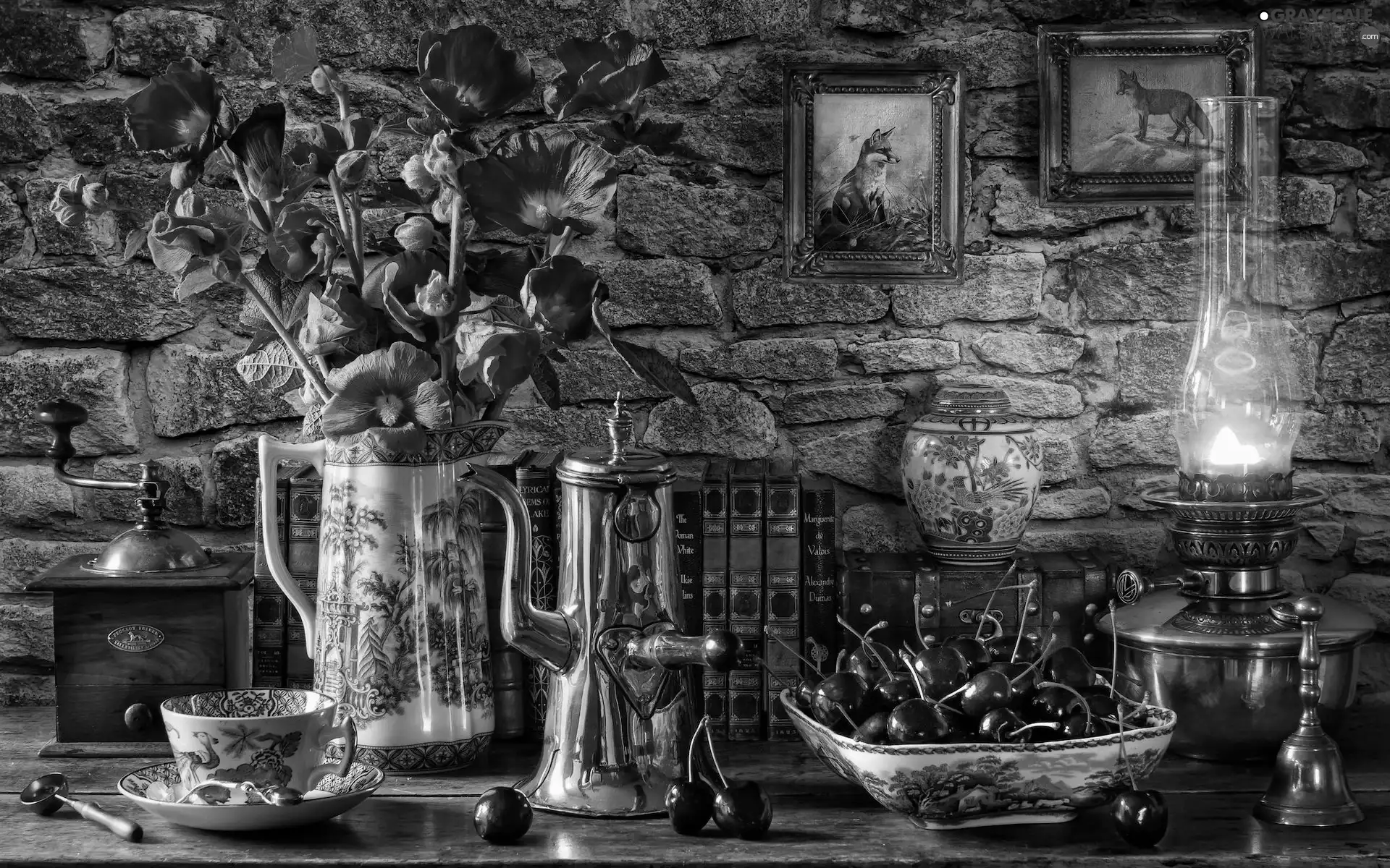 Bouquet of Flowers, composition, Hollyhocks, jug, cup, mill, Lamp, cherries, picture
