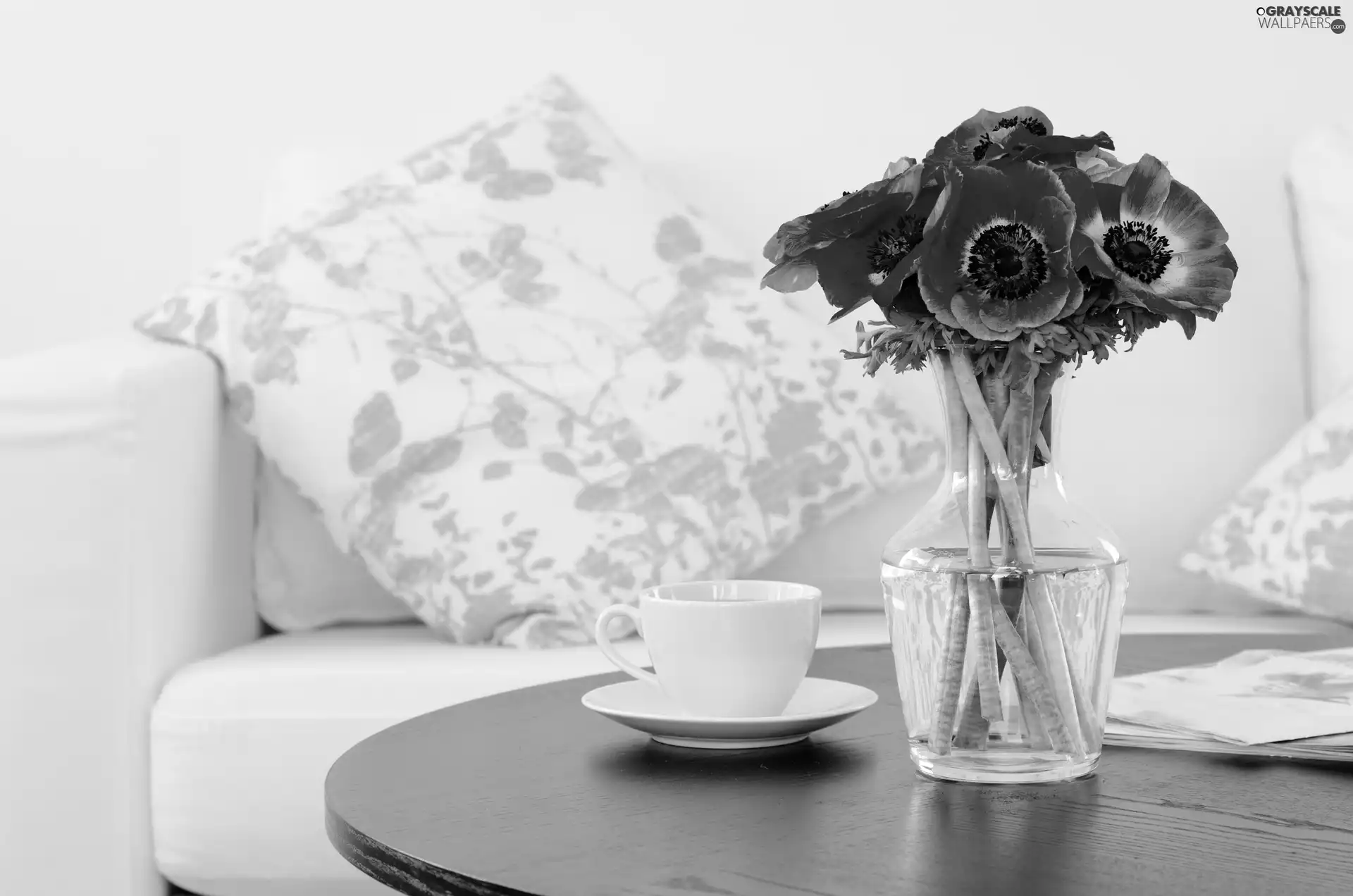 bouquet, Vase, pillows, table, Sofa, Anemones, Flowers, cup