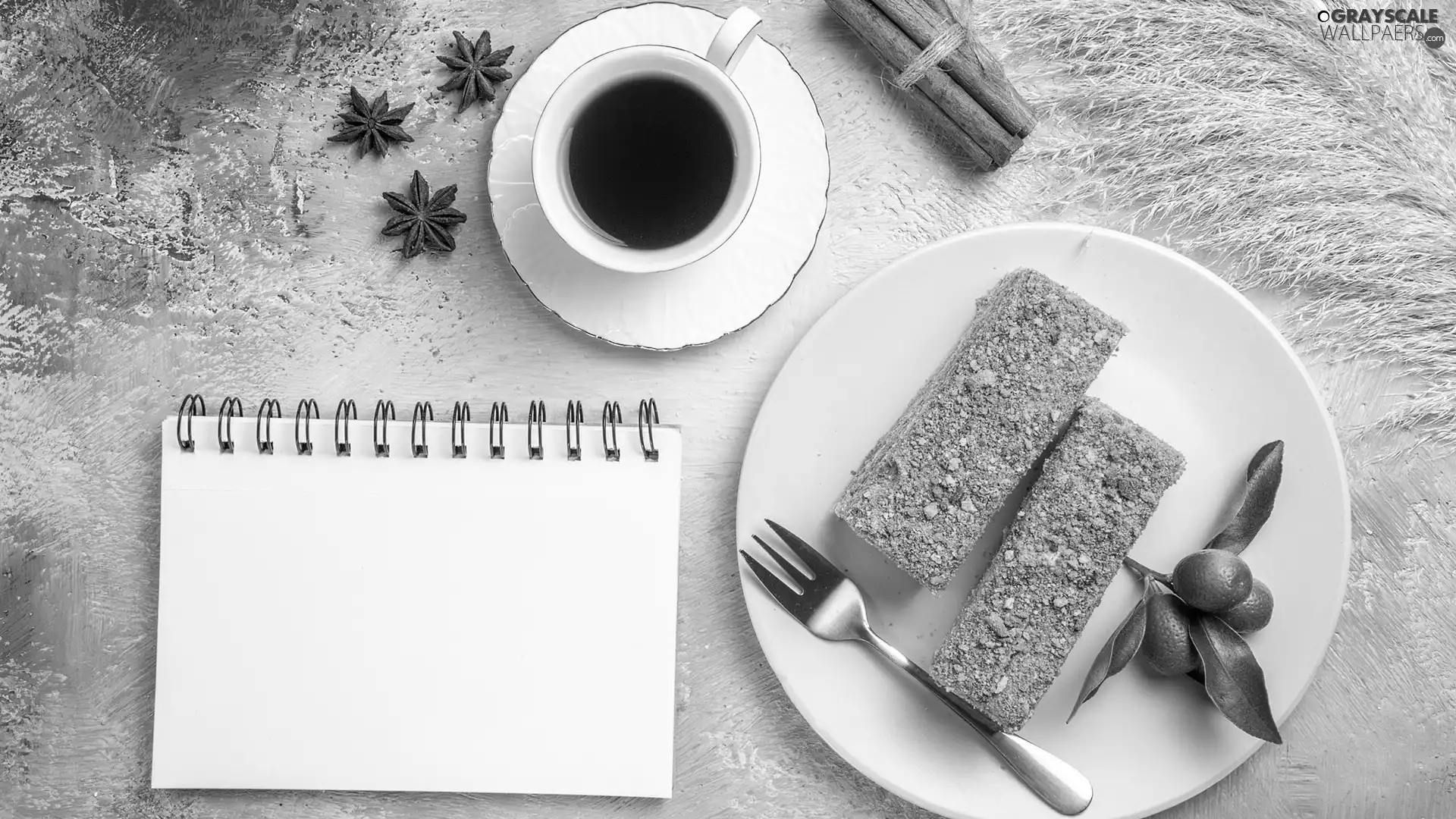 fork, cake, tea, plate, note-book, limes, cup