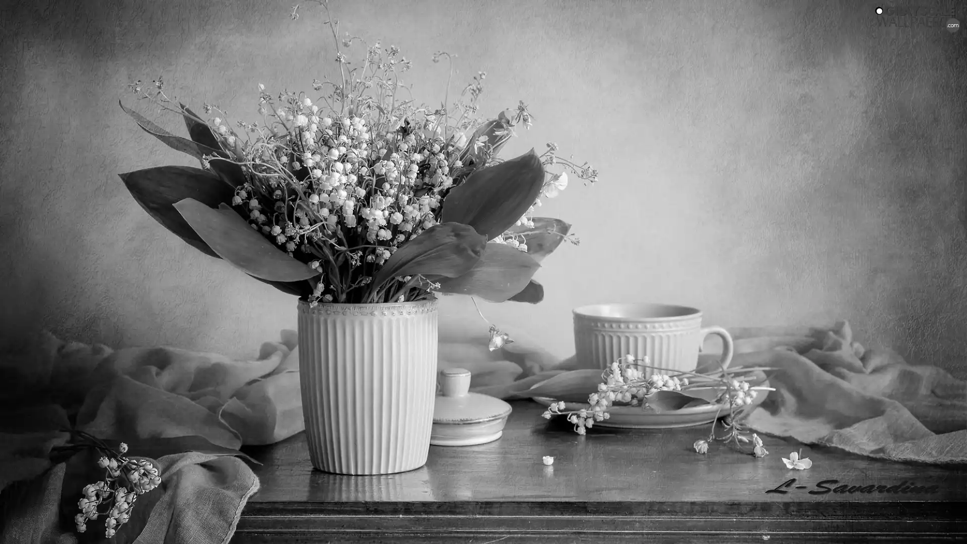 cup, composition, blue, stuff, Lily of the Valley, Vase