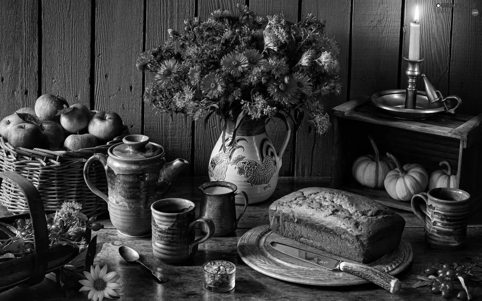 pumpkin, basket, Bouquet of Flowers, jug, Astra, composition, apples, cups, cake, candle