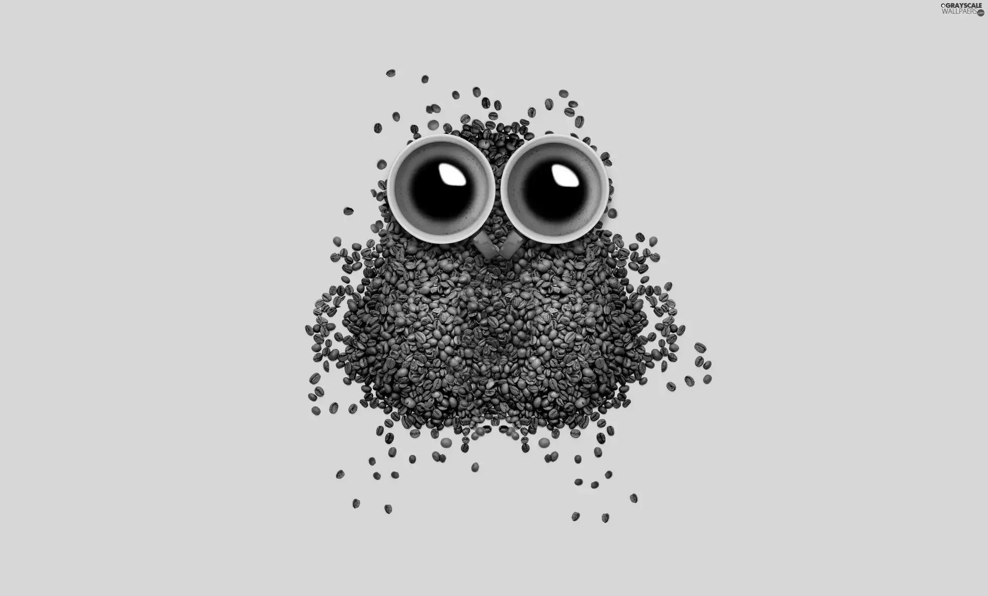 Eyes, cups, grains, owl, coffee