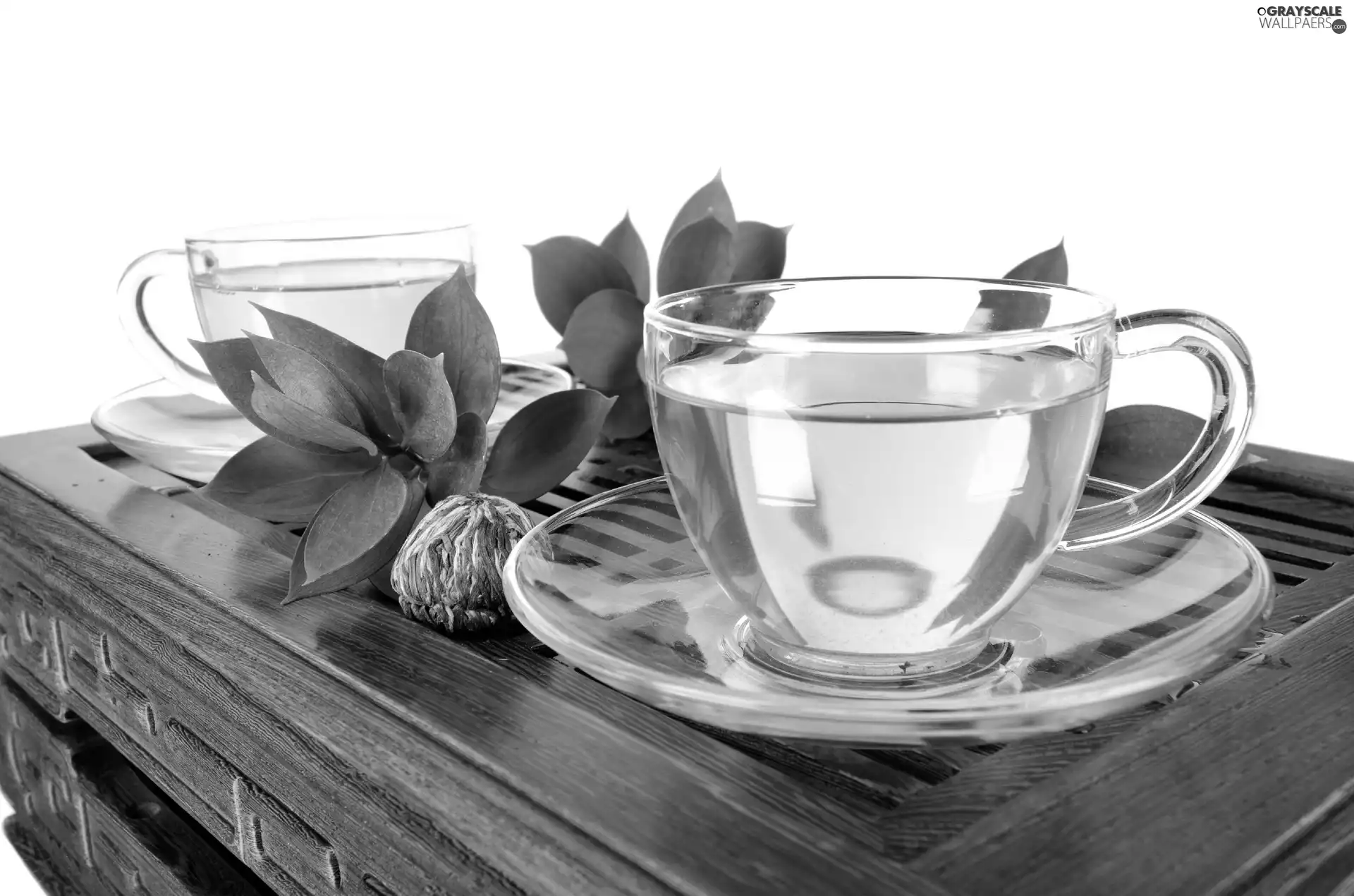 cups, leaves, saucers, table, tea