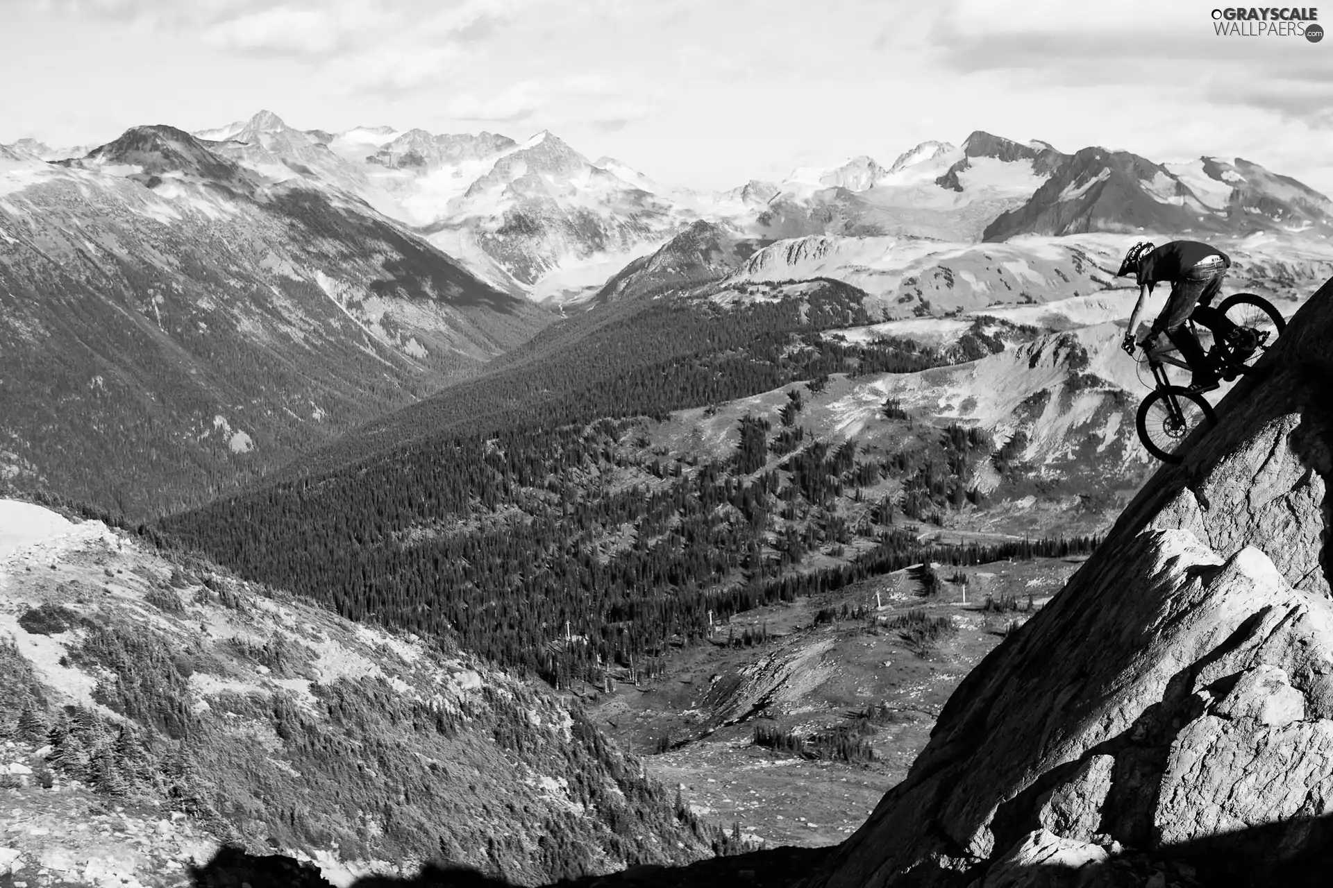 Mountains, rocks, cyclist, woods