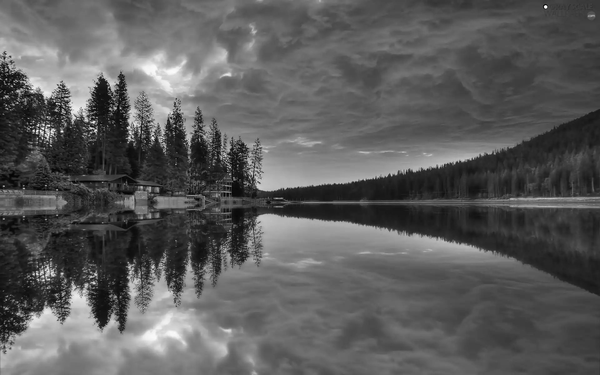 Houses, River, dark, clouds, holiday, woods