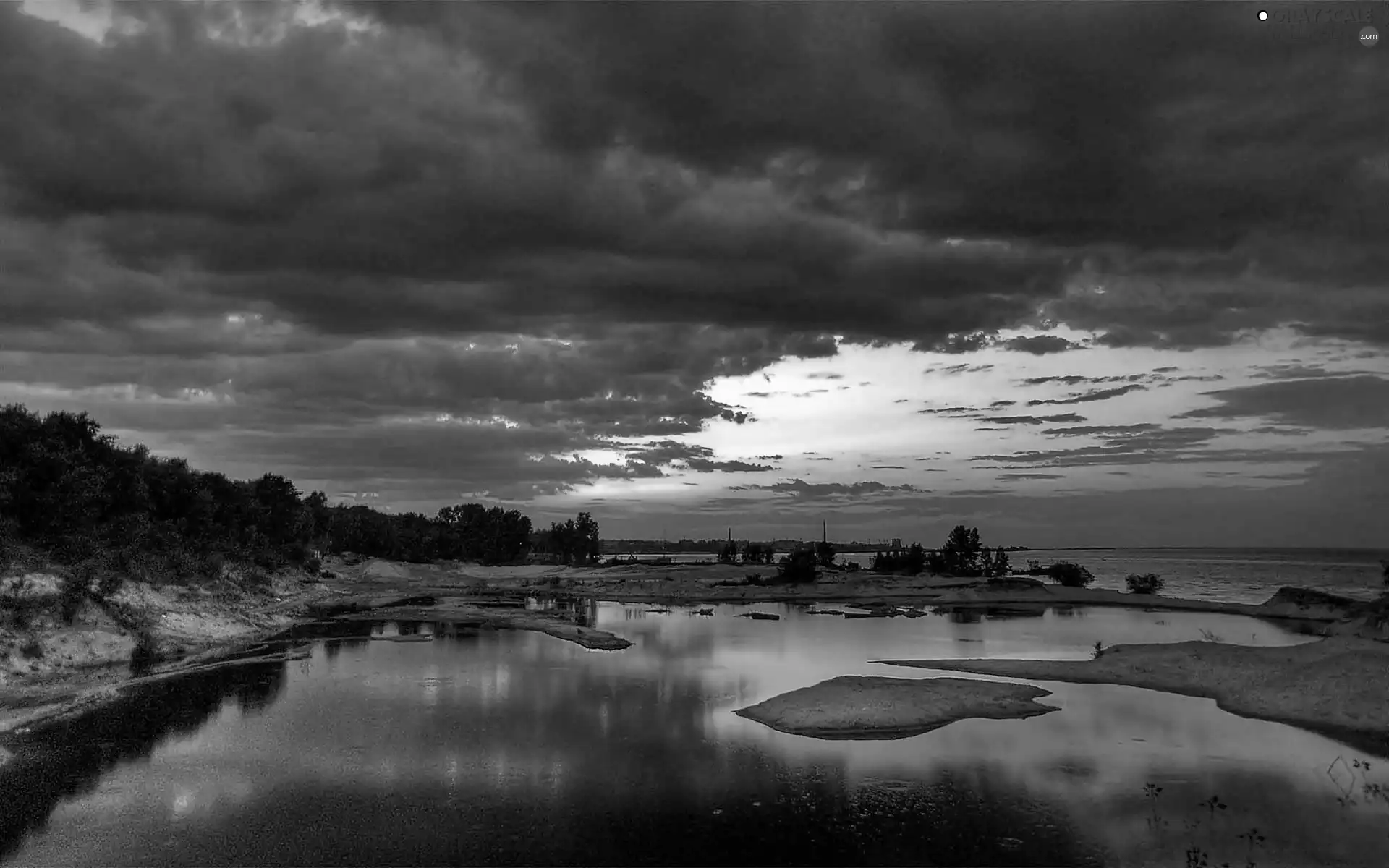 forest, lake, dark, clouds, flash, luminosity, ligh, sun, Przebijające