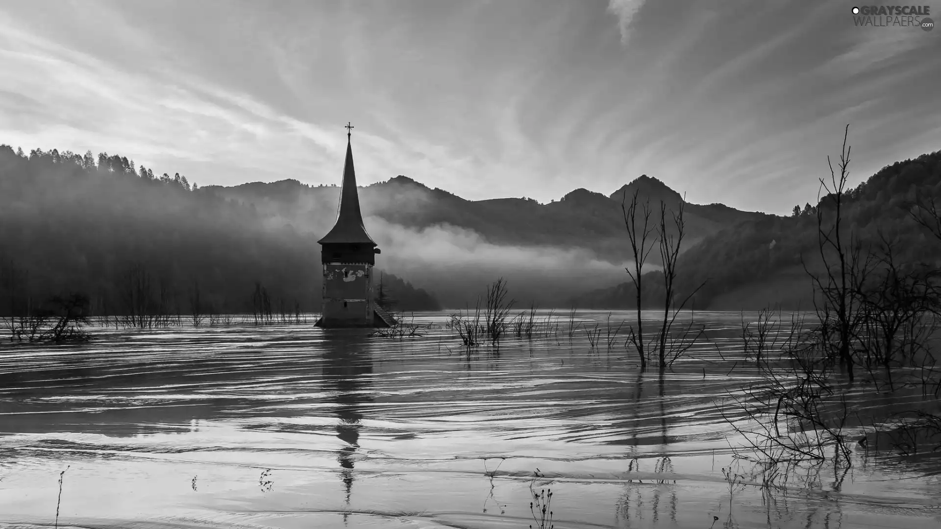 dawn, flood, Mountains, Fog, Church