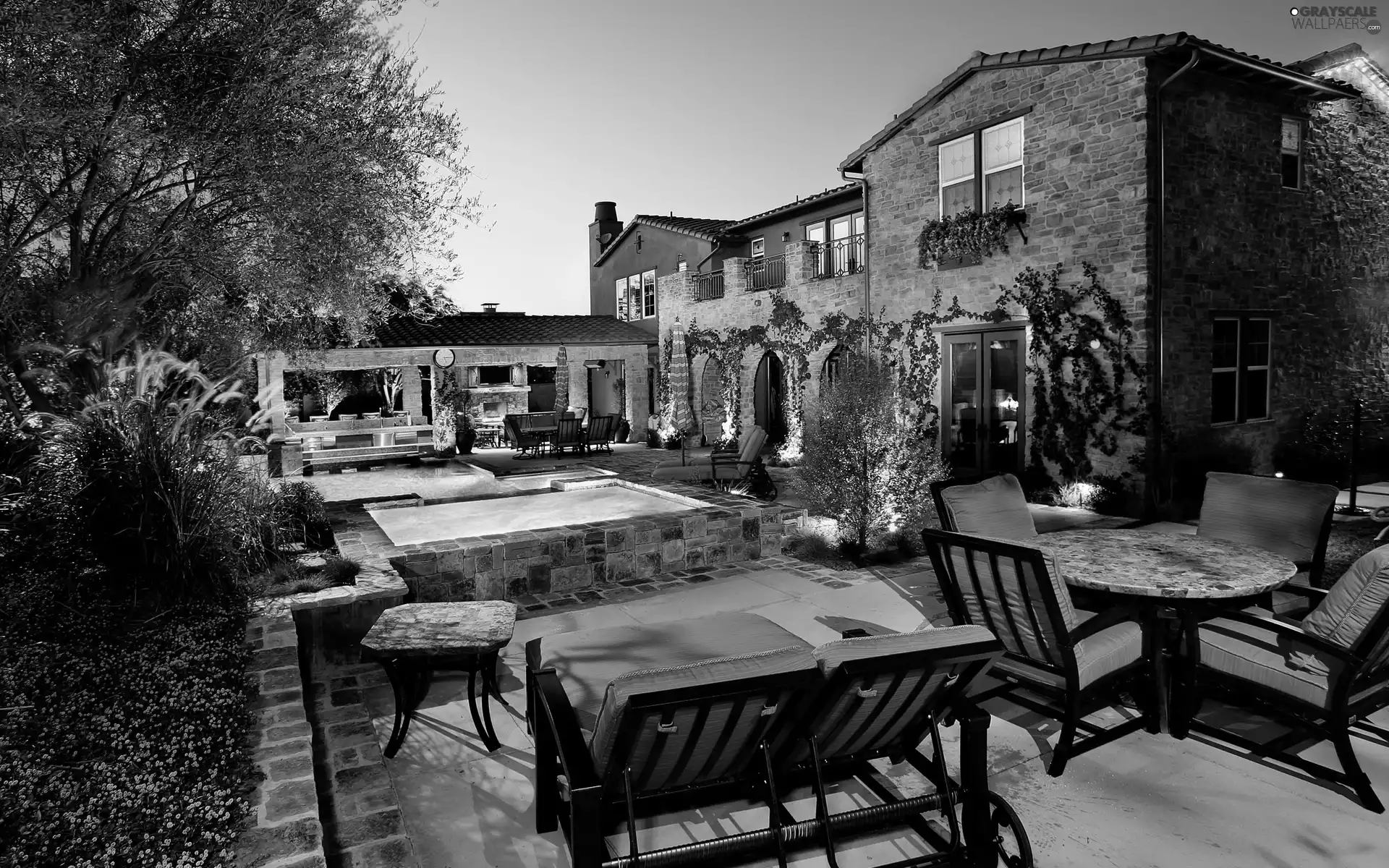 house, seats, deck chair, Pool