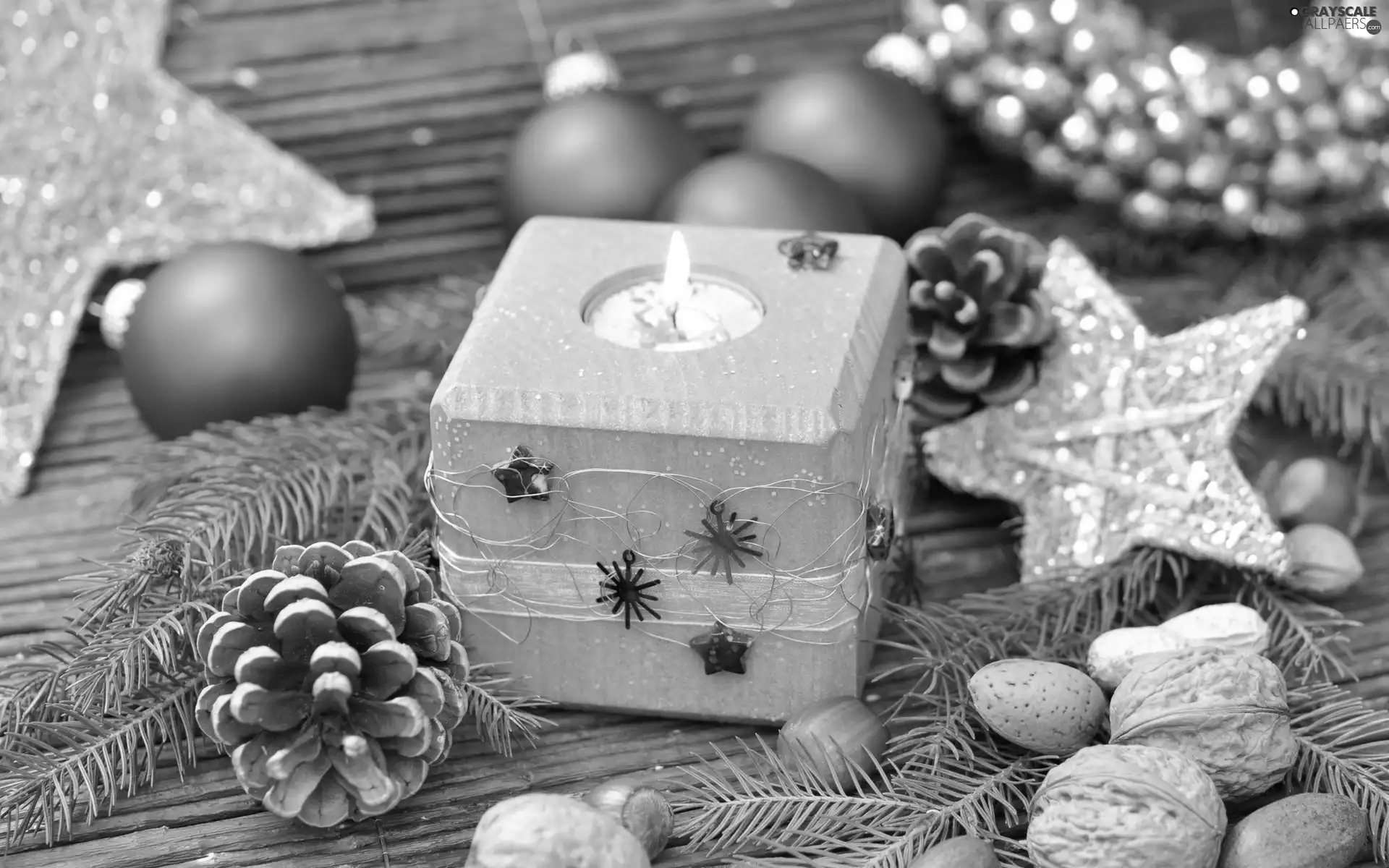 Stars, candle, Christmas, composition, cones, baubles