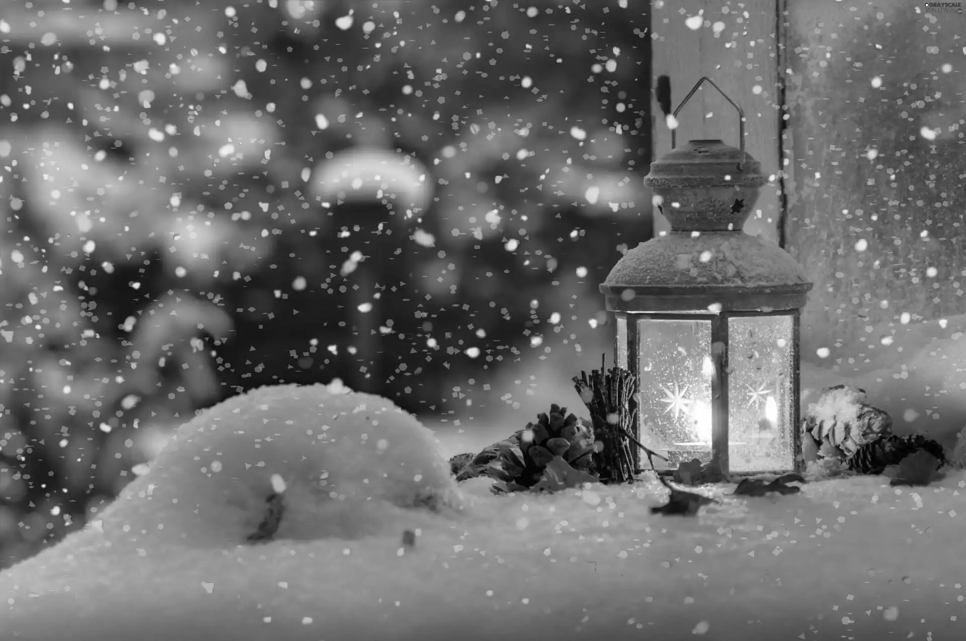 decoration, Christmas, cones, snow, lantern