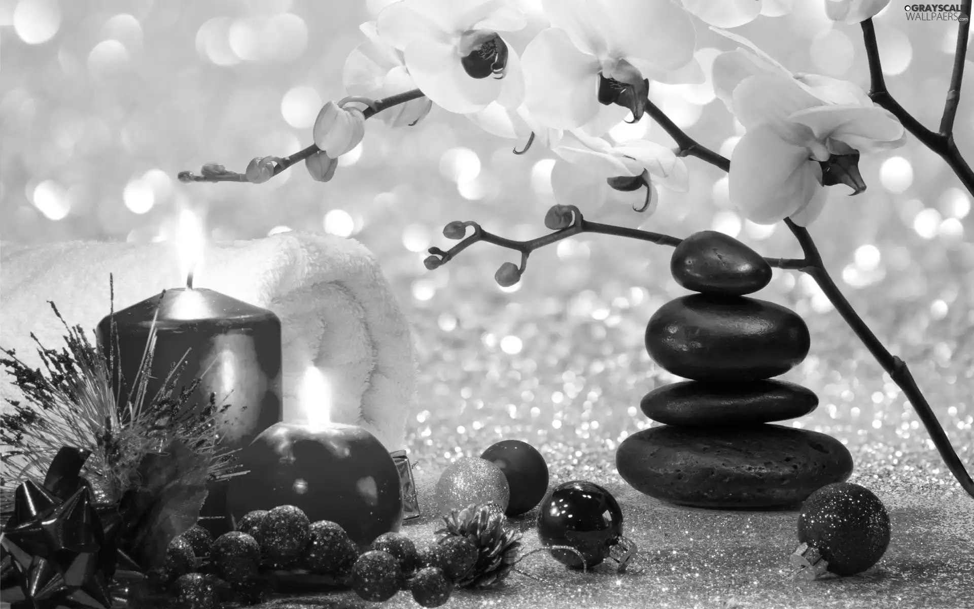 Candles, Stones, Christmas, Towel, orchids, baubles, composition